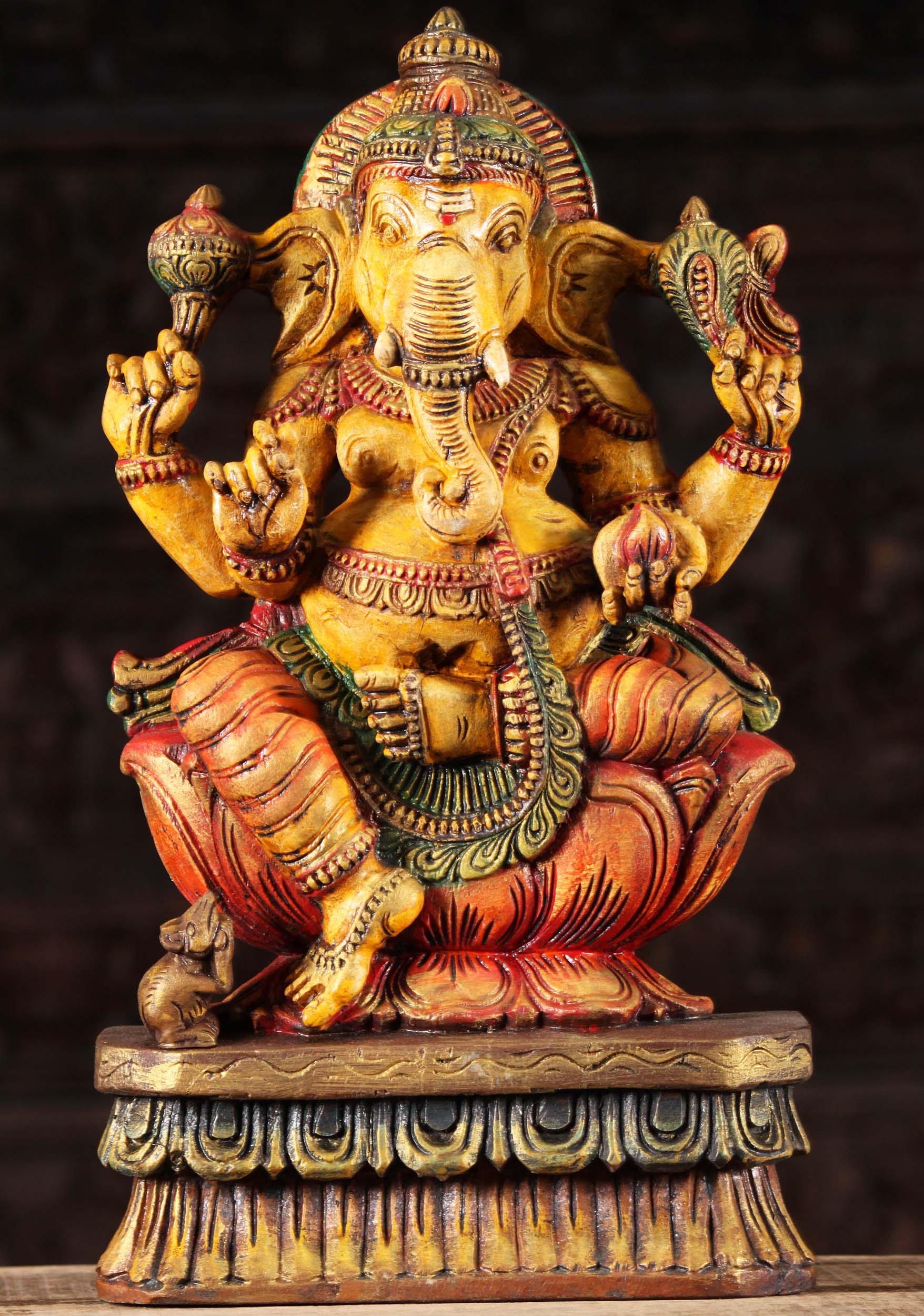 Wood Ganesh Statue Holding Mango 18"