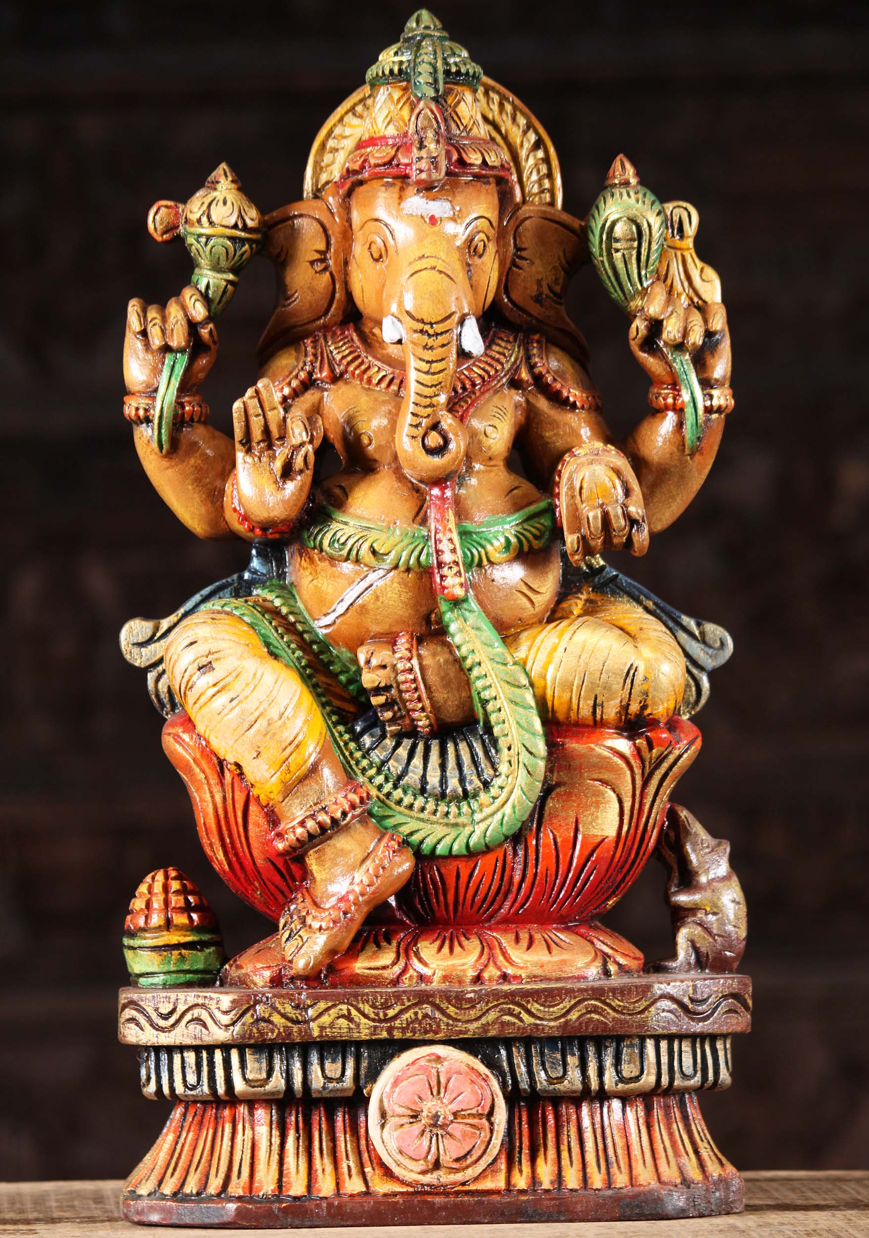 Wood Ganesh Statue Holding Broken Tusk 18"