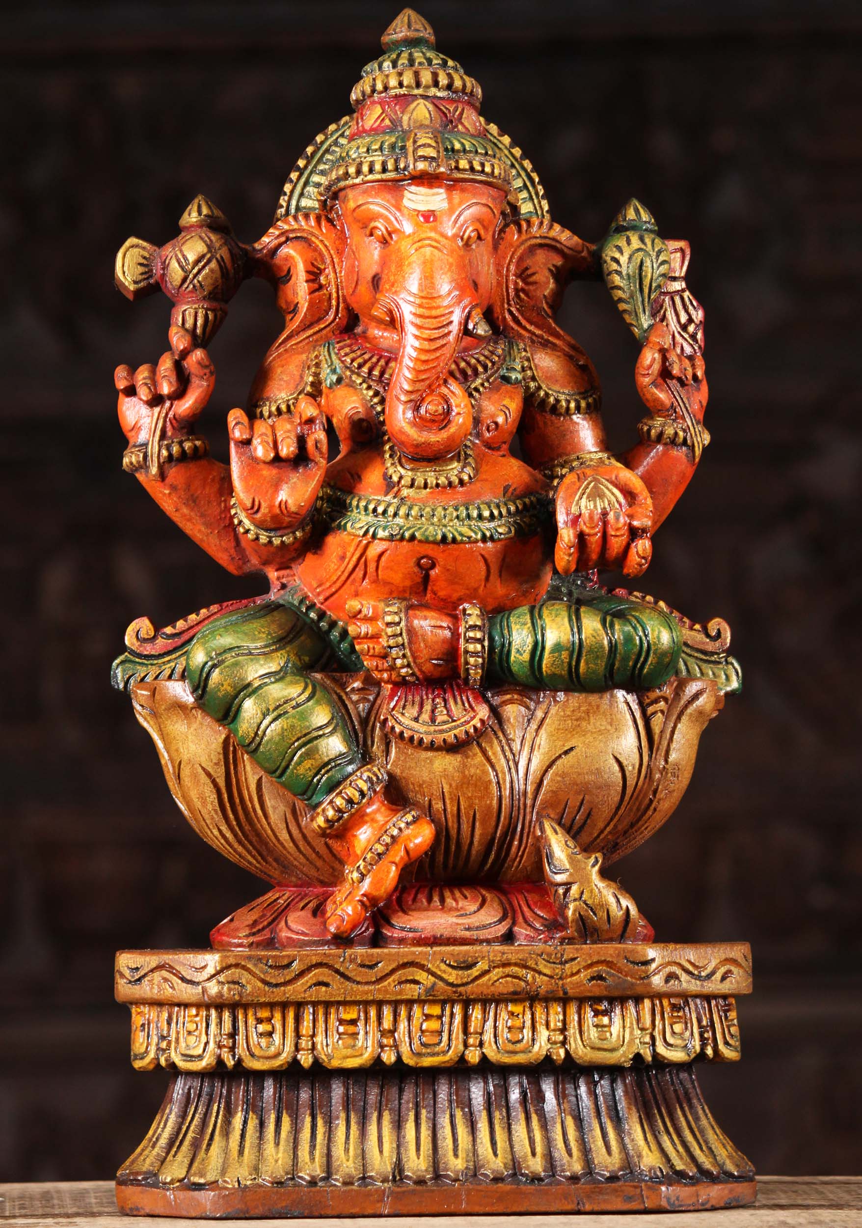 SOLD Wood Ganesh Holding Mango Statue 18