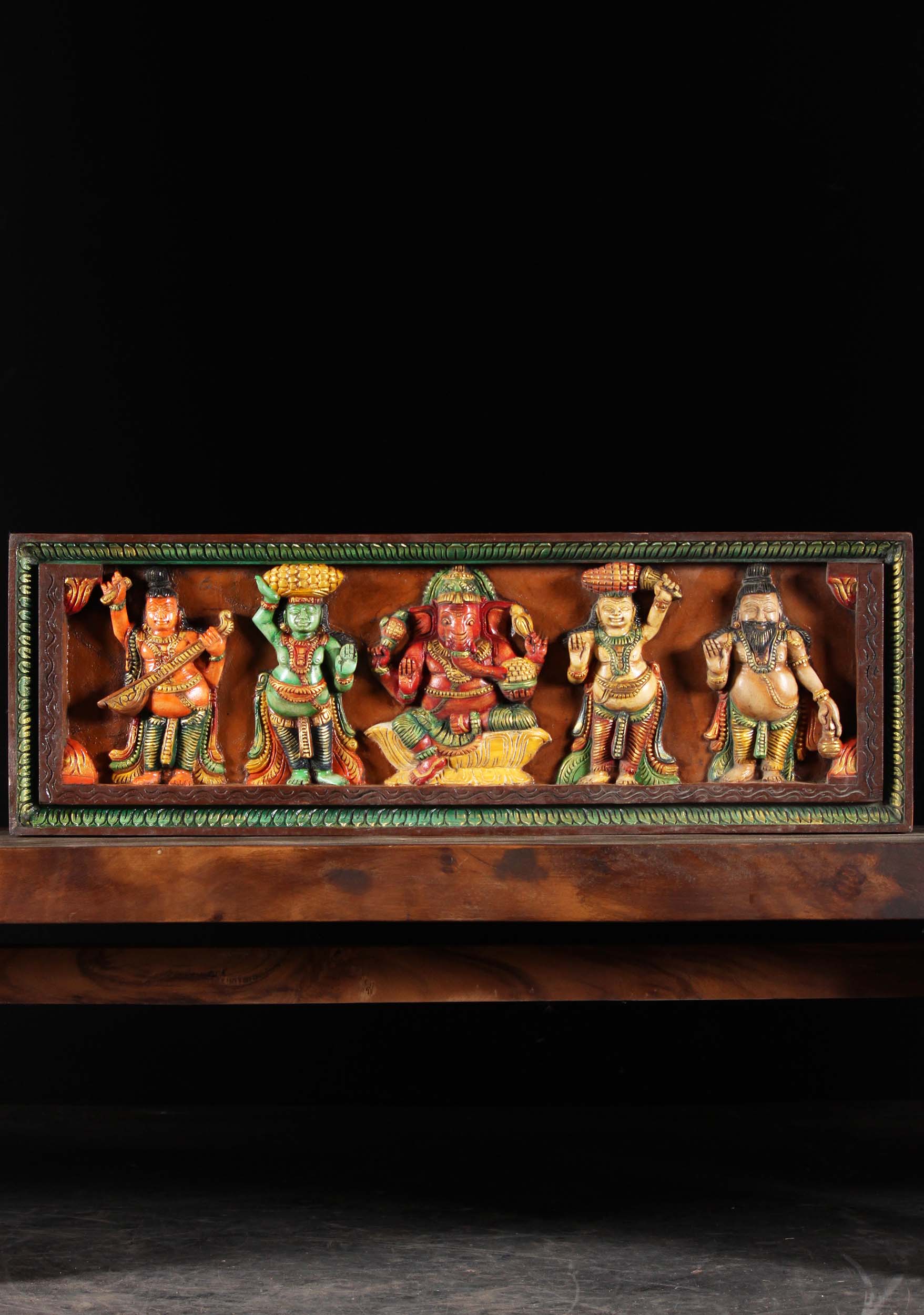 Wood Ganesh Panel With 2 Gana & Attendants 36"