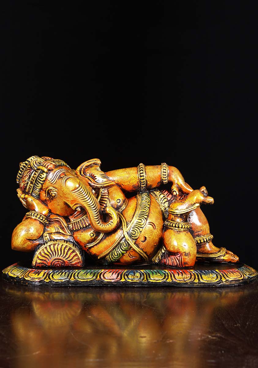 Wood Reclining Ganesh Sculpture 19"