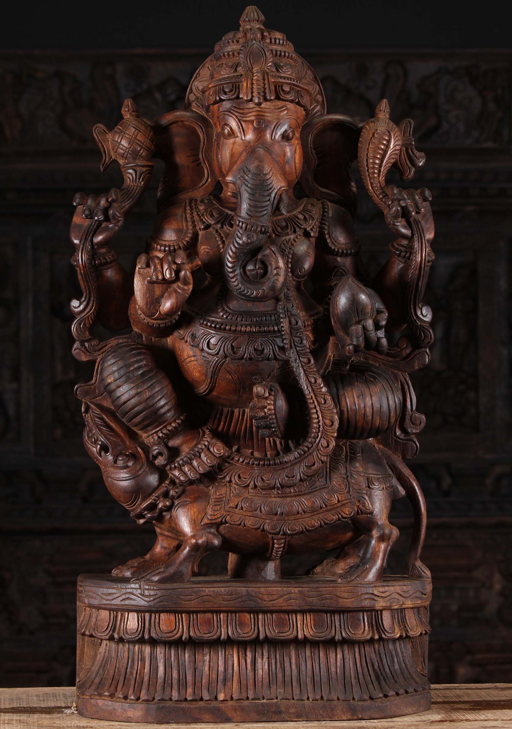 Wood Ganesha Statue Riding Rat, Mooshika 36"