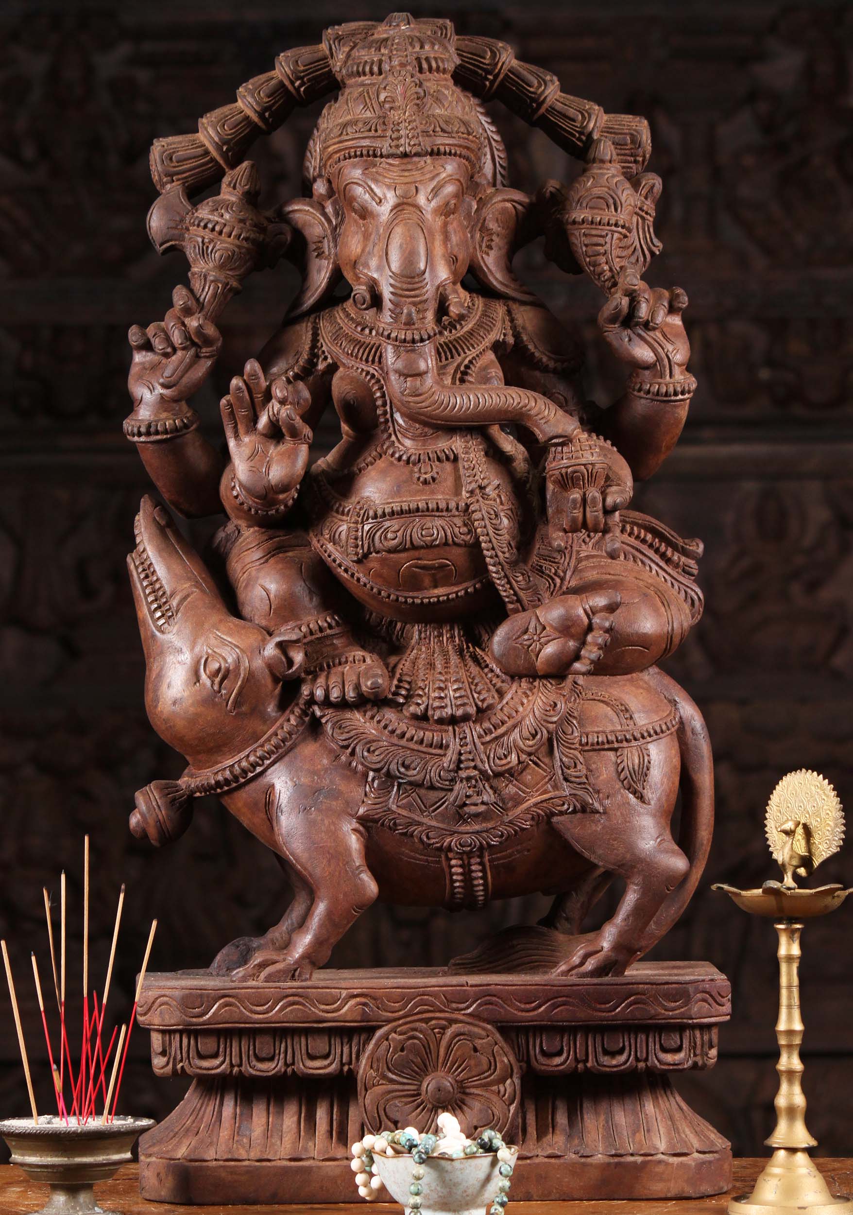 Wood Ganesh Seated on Top of Rat Mooshika 30"