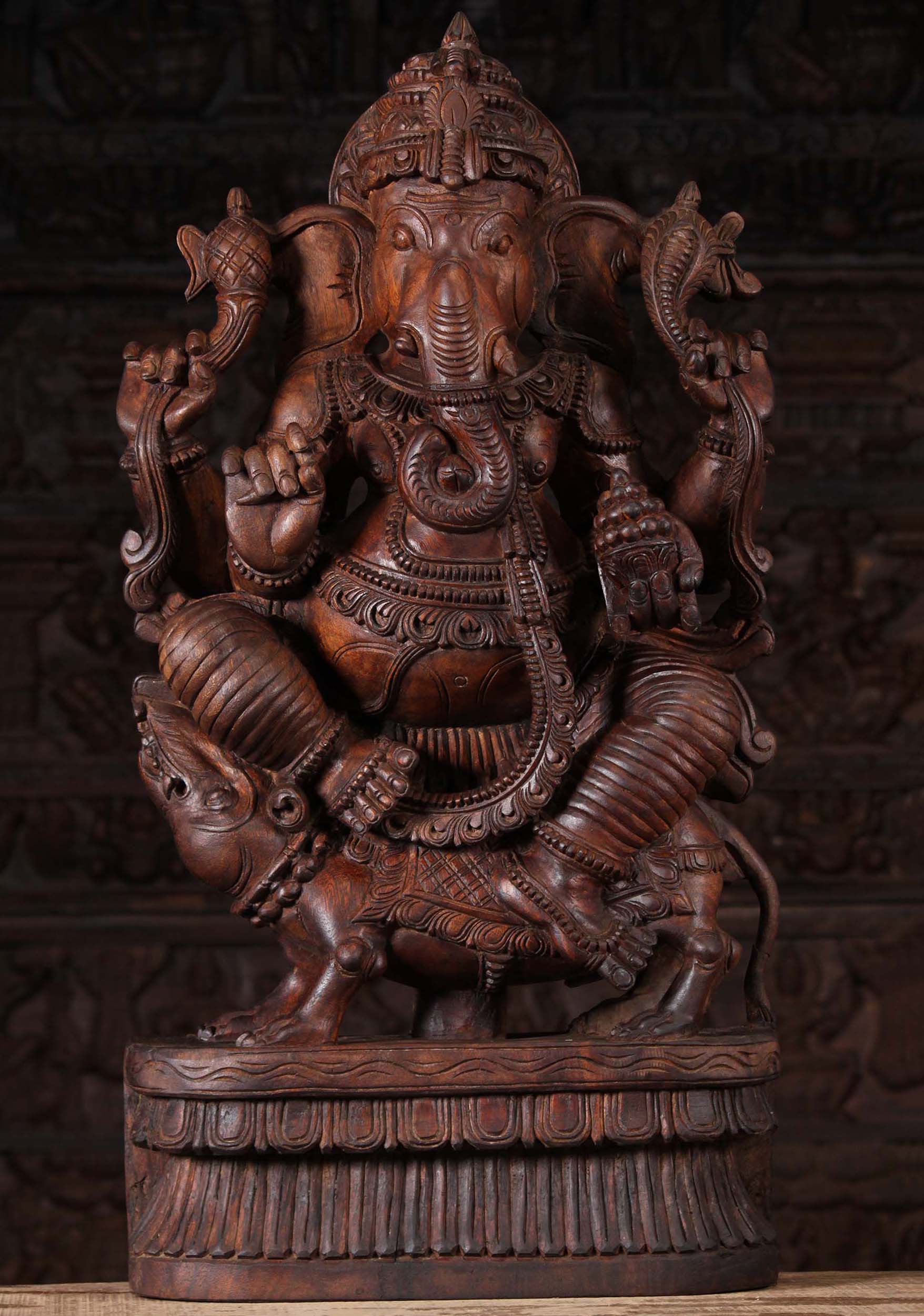 Wood Sculpture of Ganesha Riding a Rat 36"