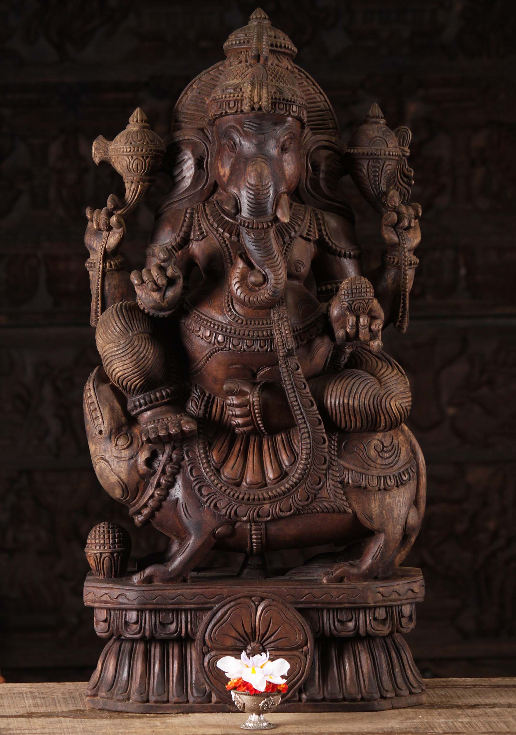 Wood Ganesha Statue Riding Mooshika the Rat 36"