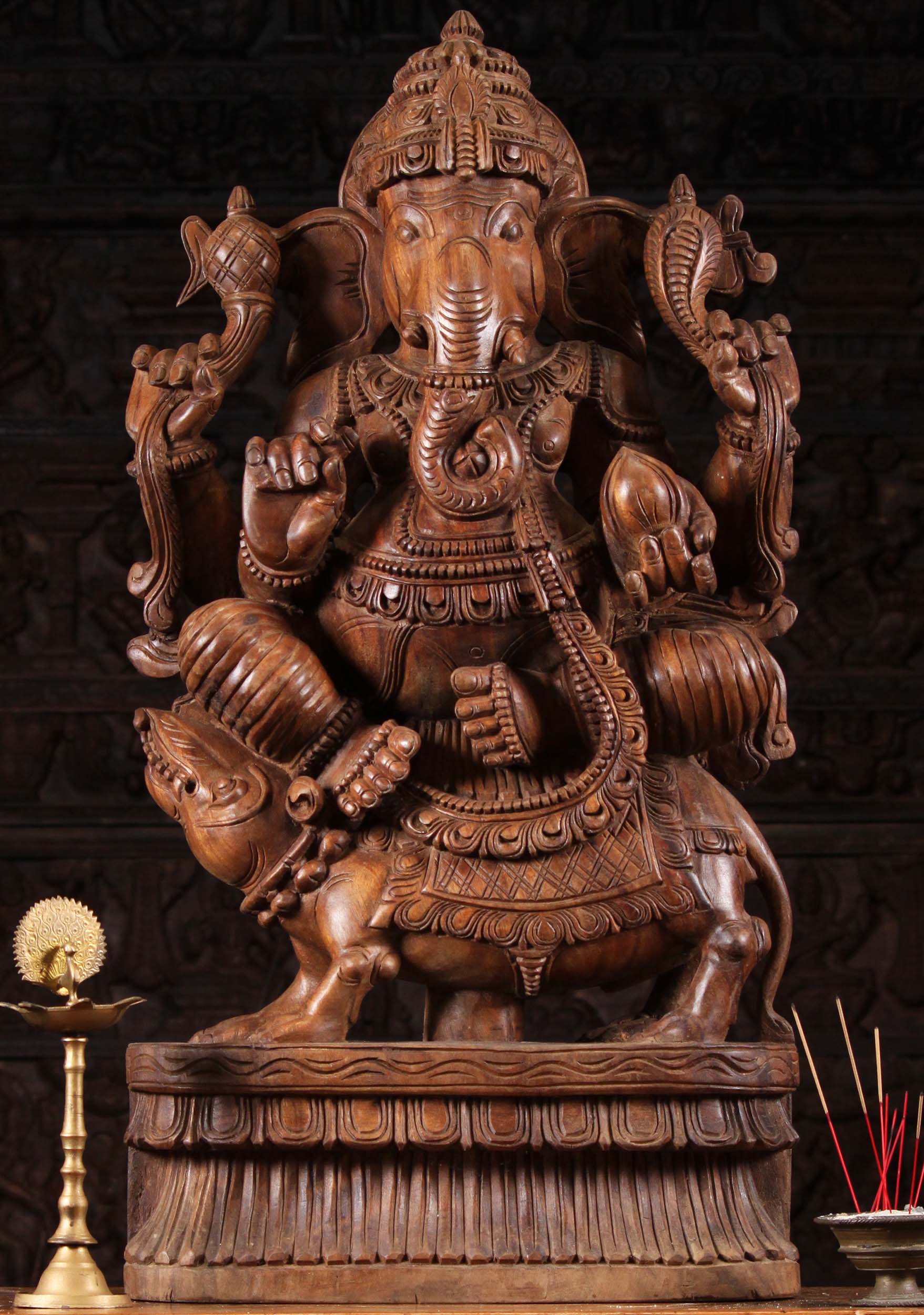 Wood Ganesha Statue Riding Atop Rat 36"