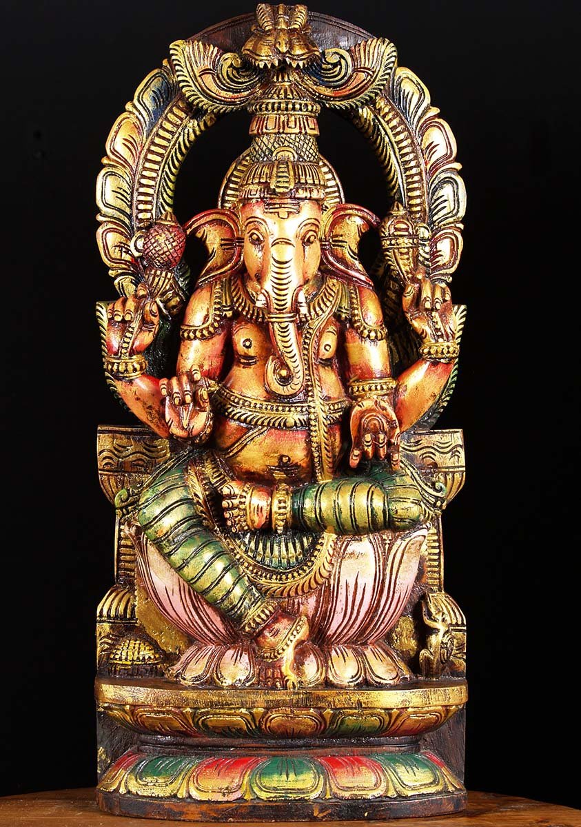 Wood Ganesha Sculpture with Arch 24"