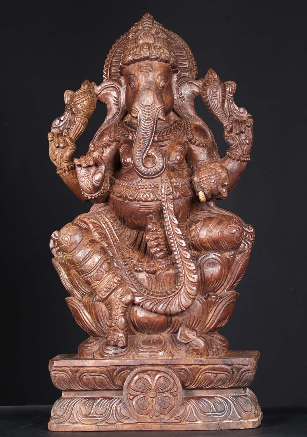 Wooden Seated Ganesh Holding His Tusk 24"