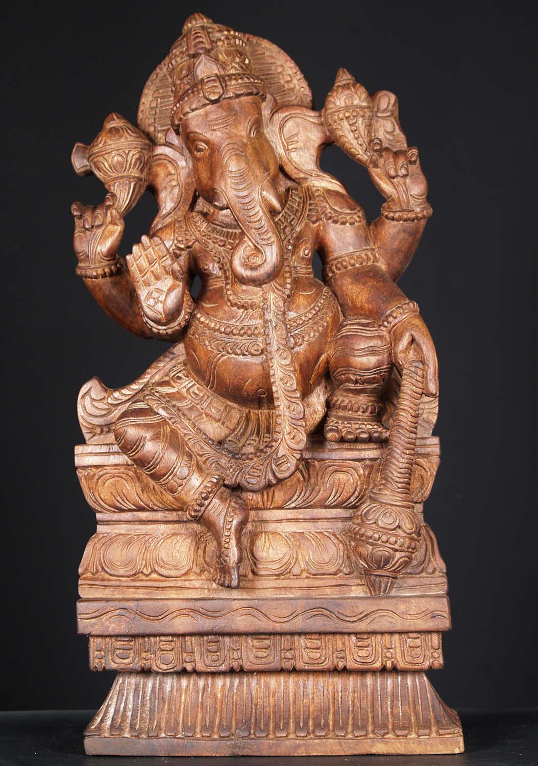 Wood Seated Ganesh Holding a Club 24"