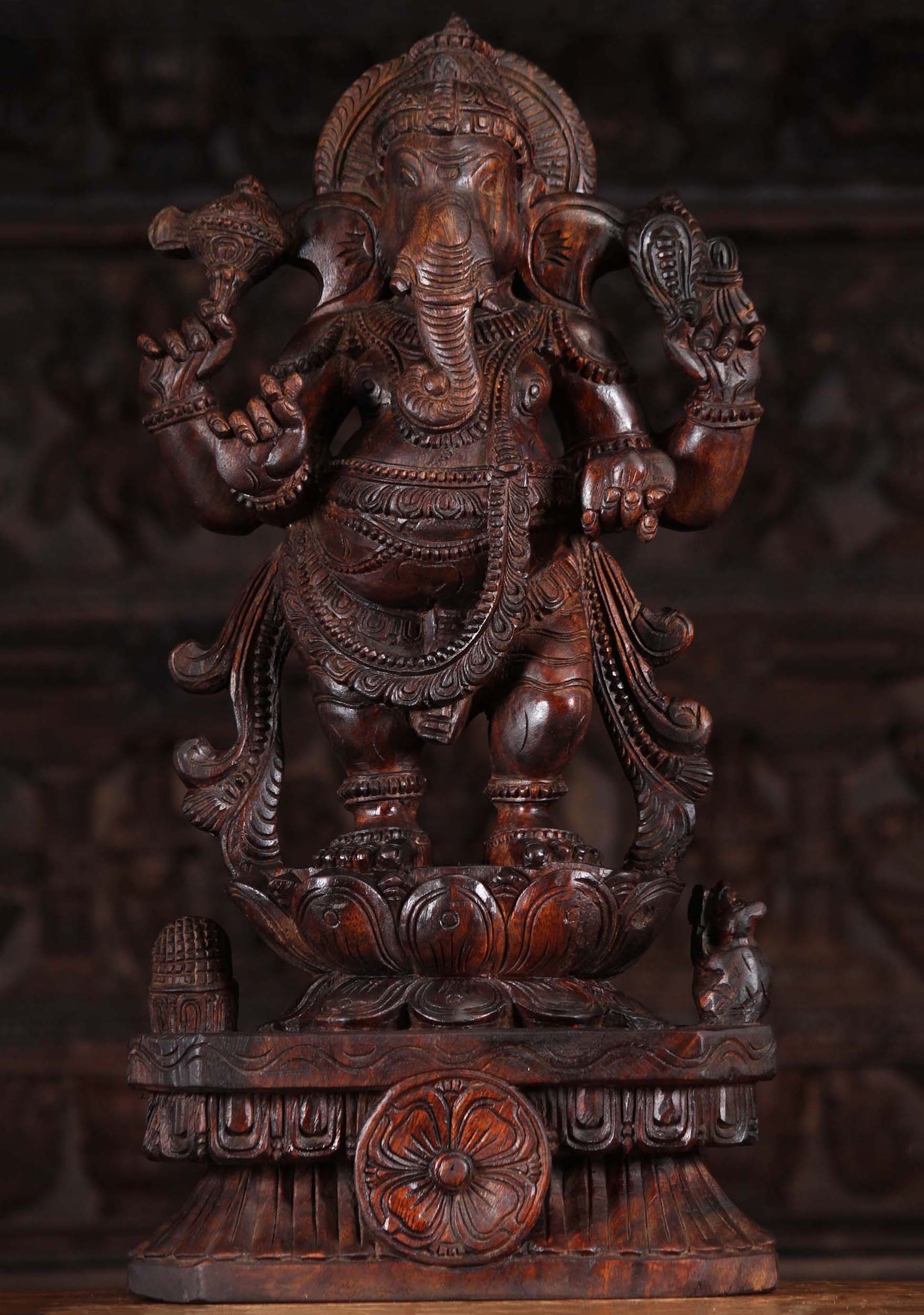 Wood Ganesh Standing on Lotus Flower Base 24"