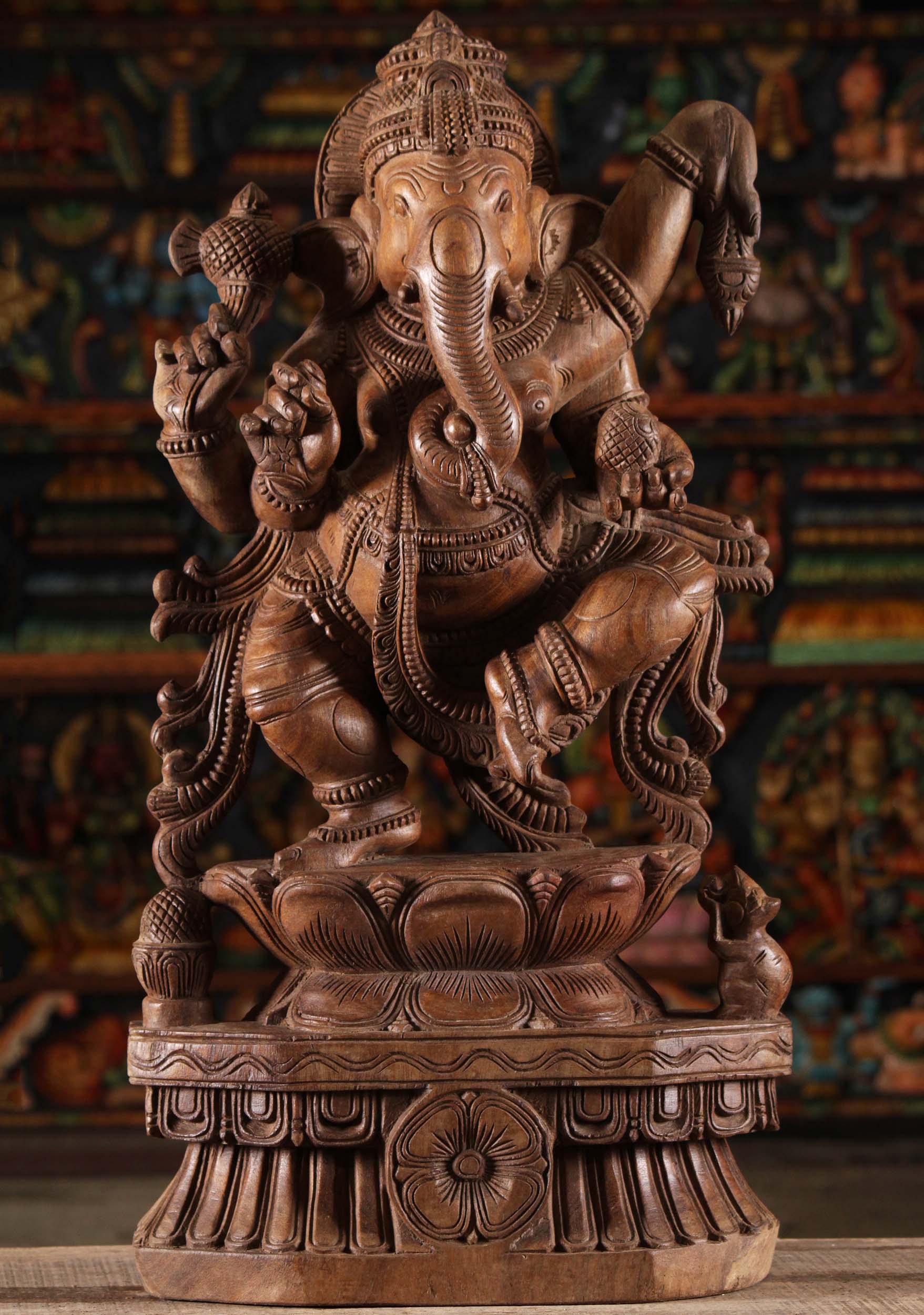 Wooden Joyous Dancing Ganapathi Statue 30"