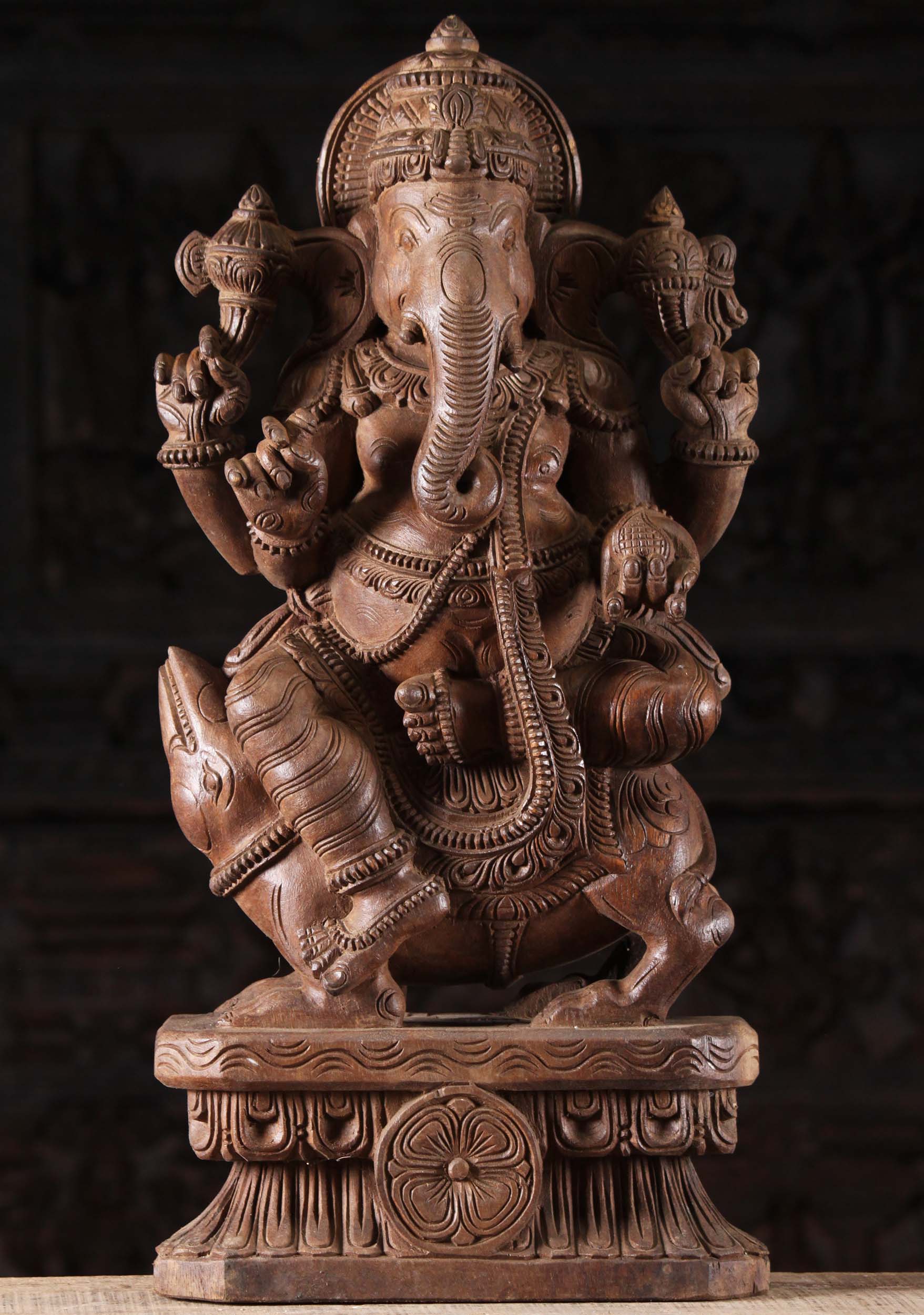 Wood Ganesh Statue Riding on the Rat Mooshika 24"