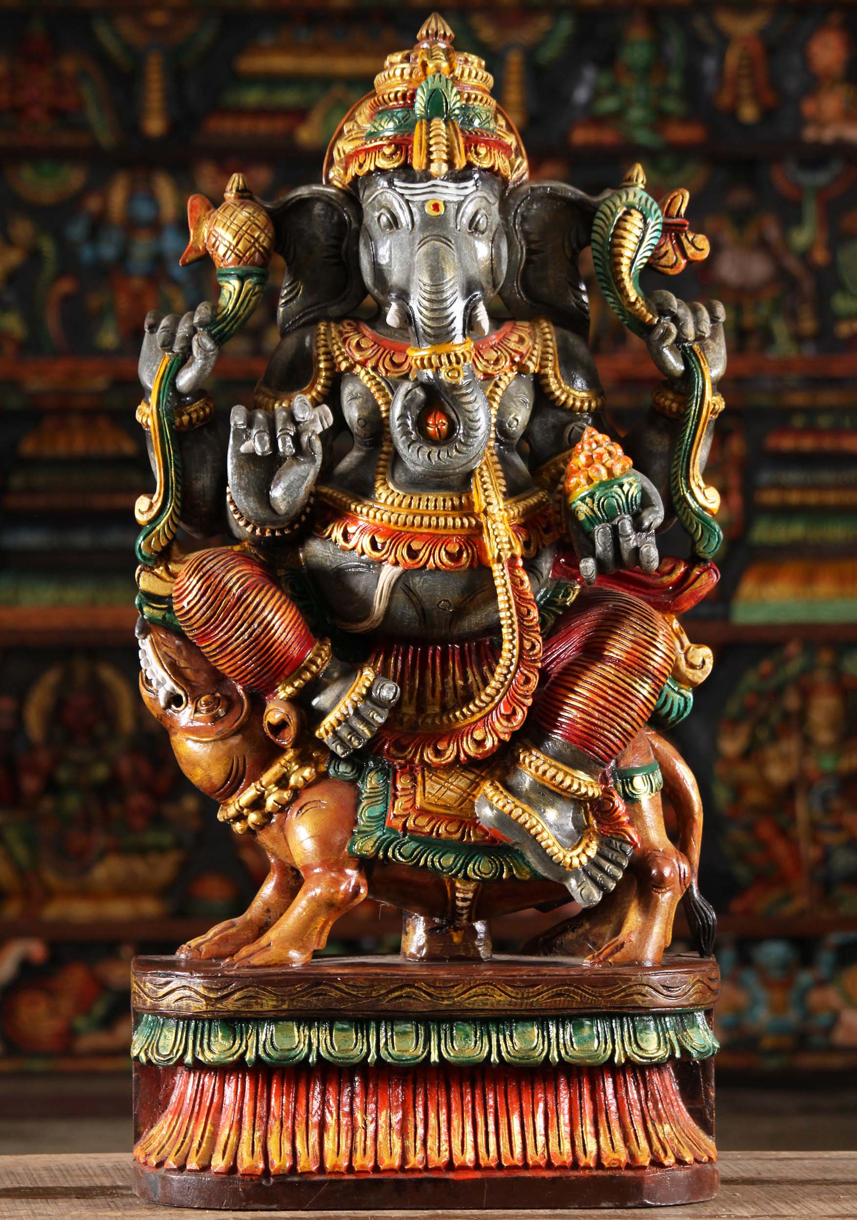 Wood Ganesh Statue Riding Rat Mooshika 30"