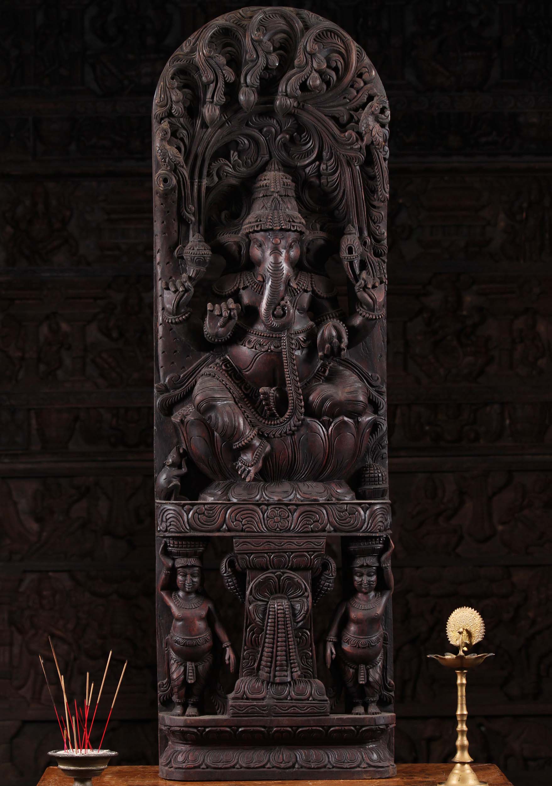 Wooden Ganesha Statue with 2 Gana 48"