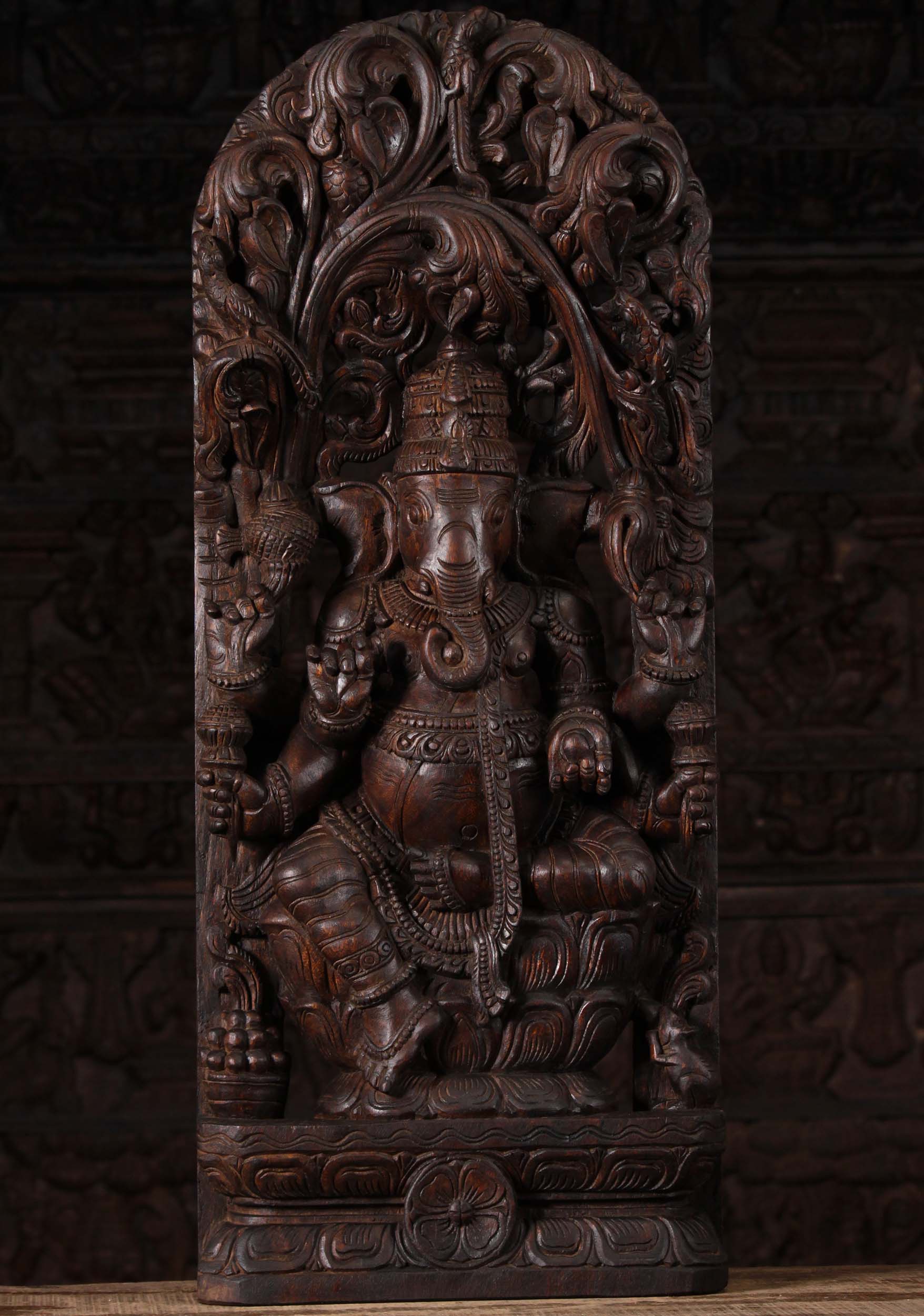 Wooden Seated Ganesh Under Canopy 36"