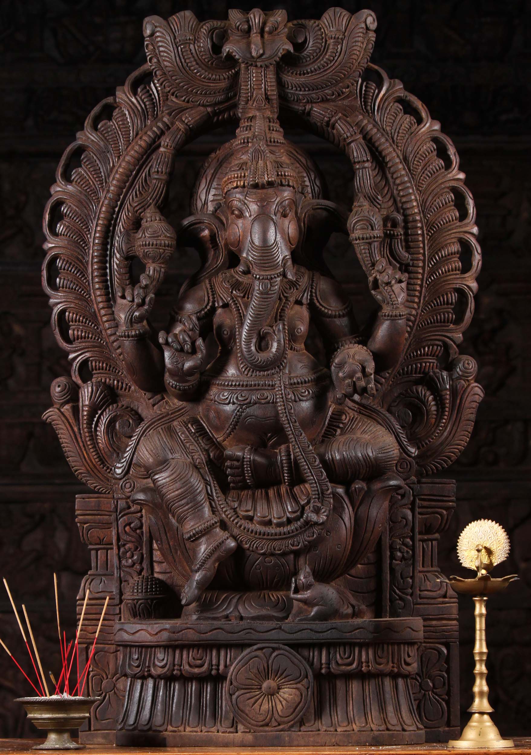 Wooden Ganapathi Statue With Mahakala Arch 36"