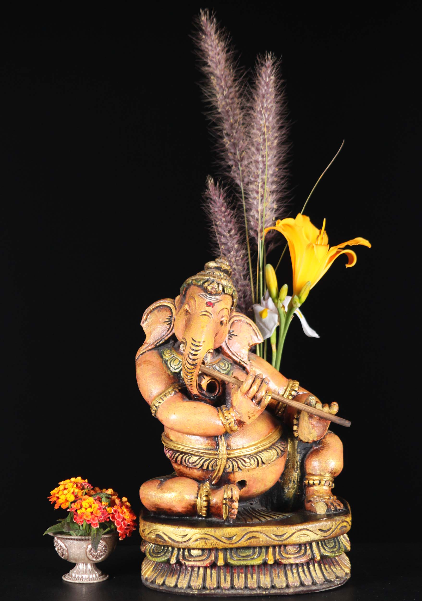 Wood Flute Ganesh Statue With Damaged Thumb 12"