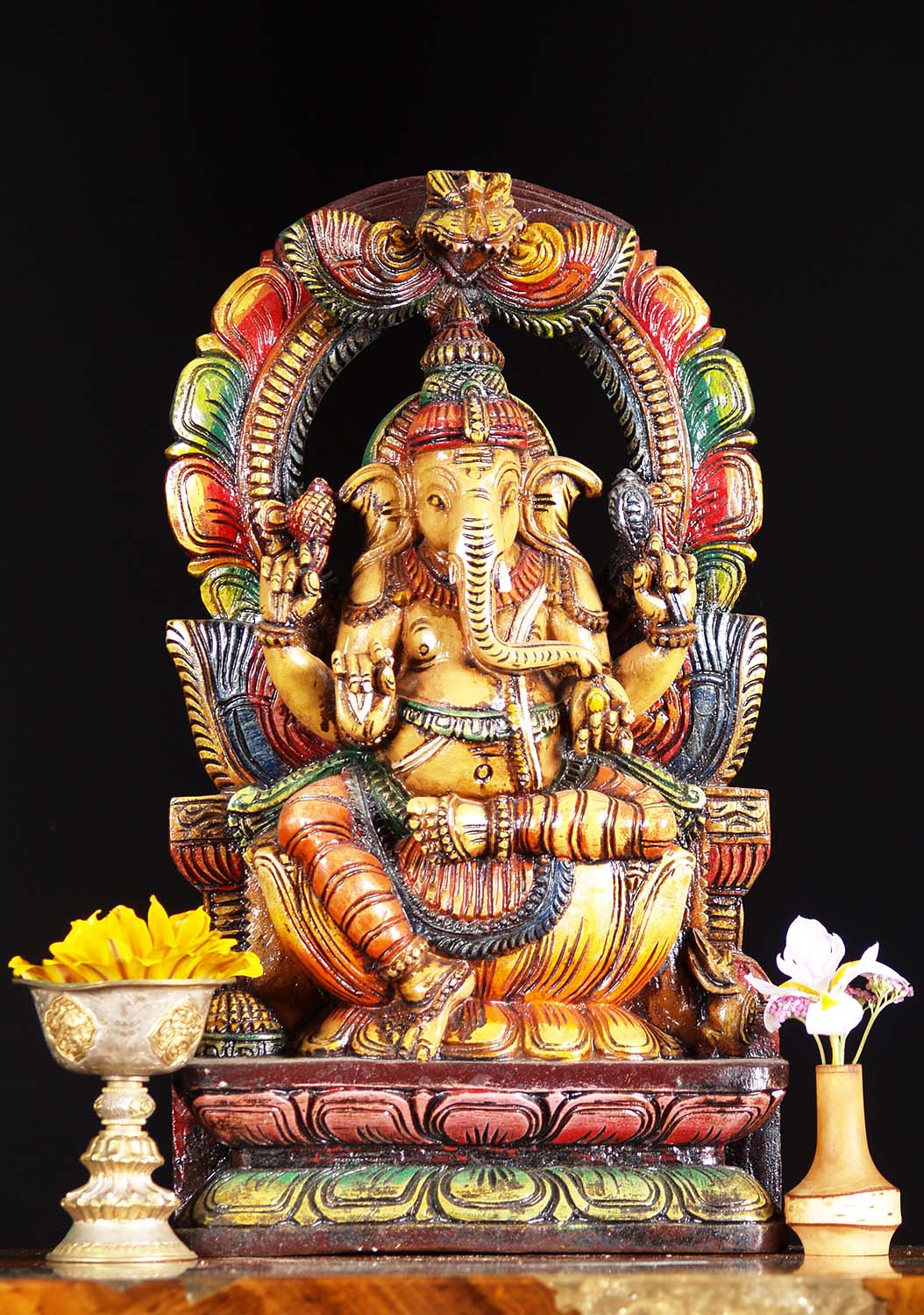 Wooden Seated Ganesh with Arch 18"