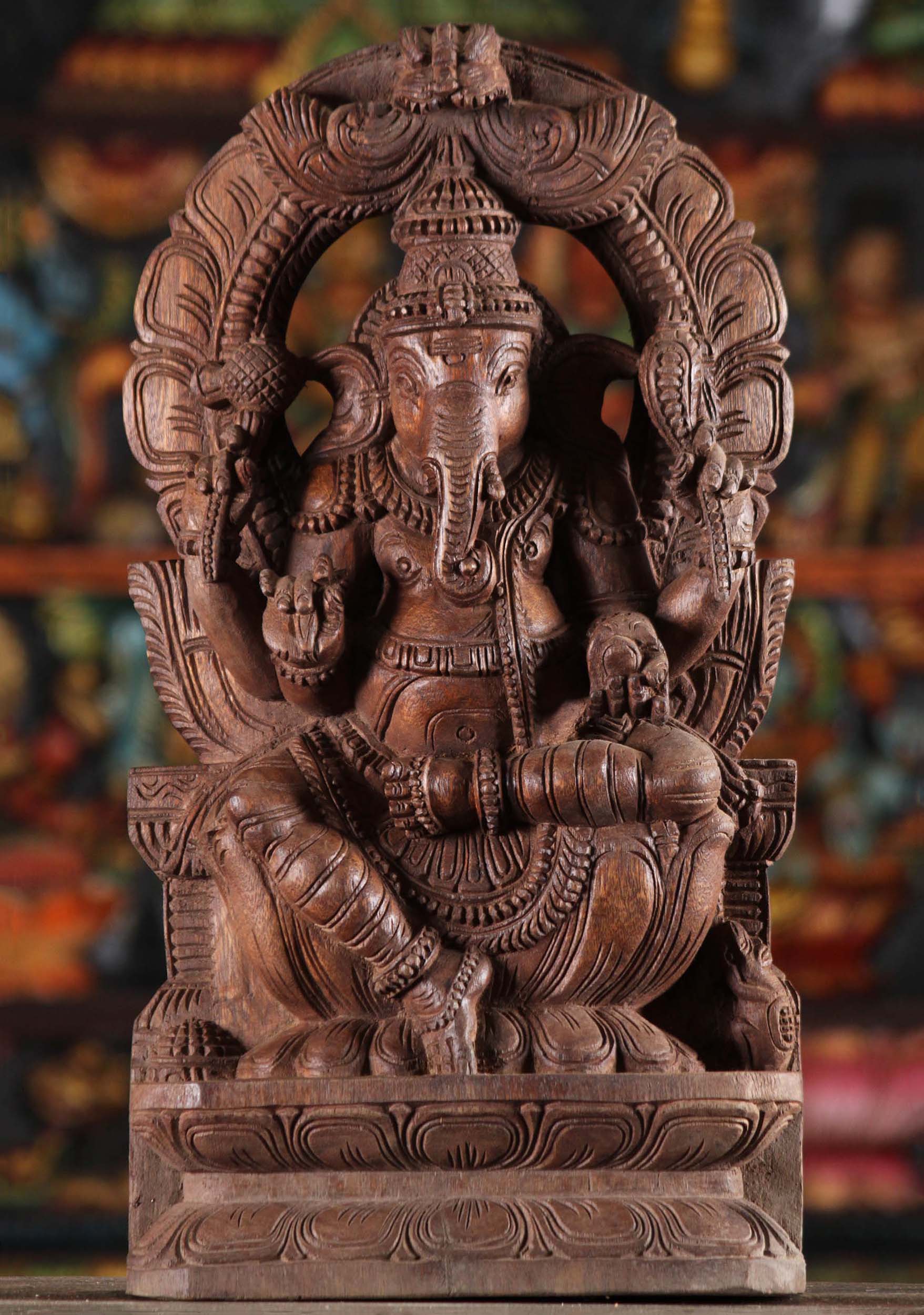 Wood Ganesha Statue with Mahakala Arch 18"