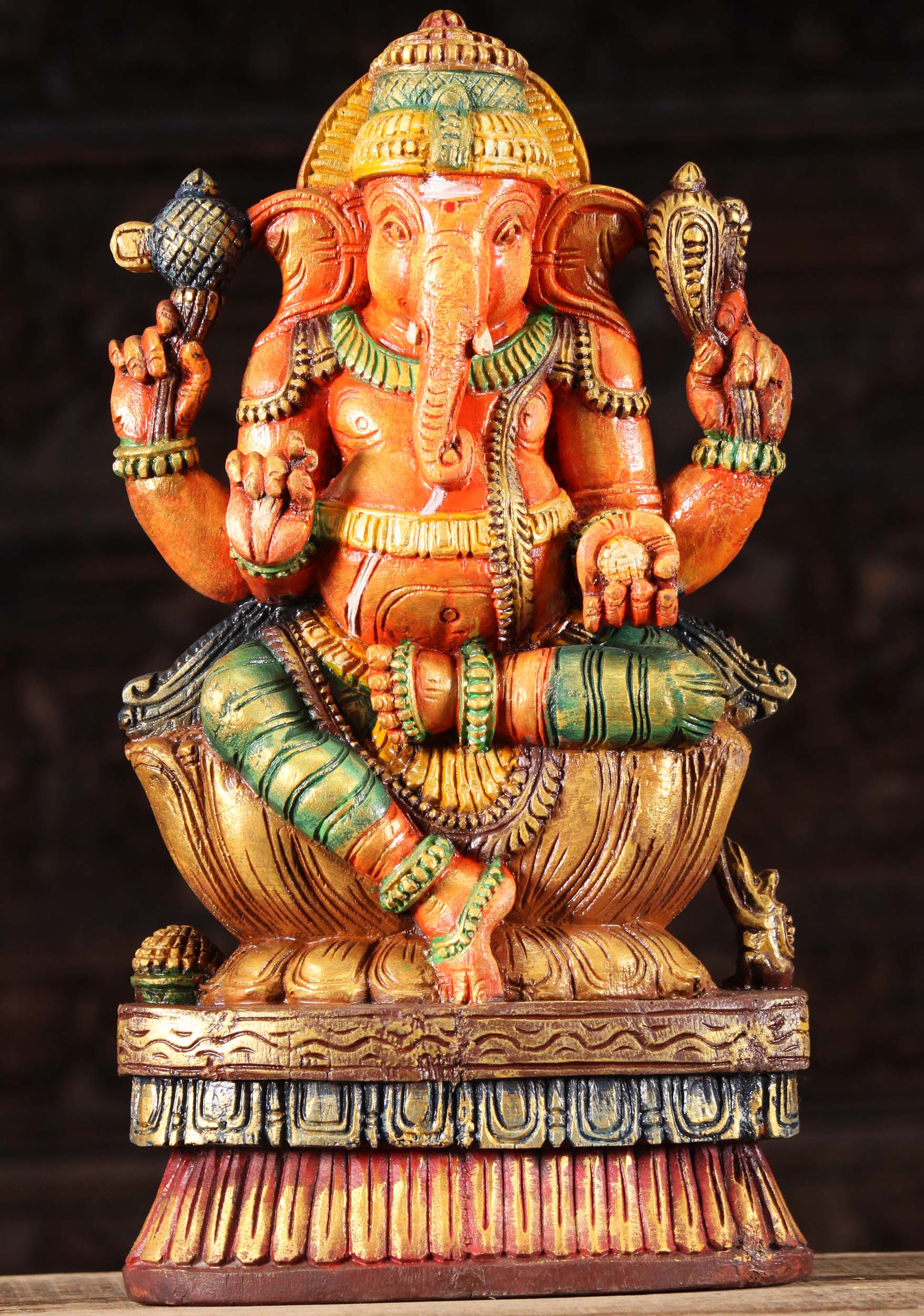 SOLD Wood Ganesha Statue Holding Laddu 18