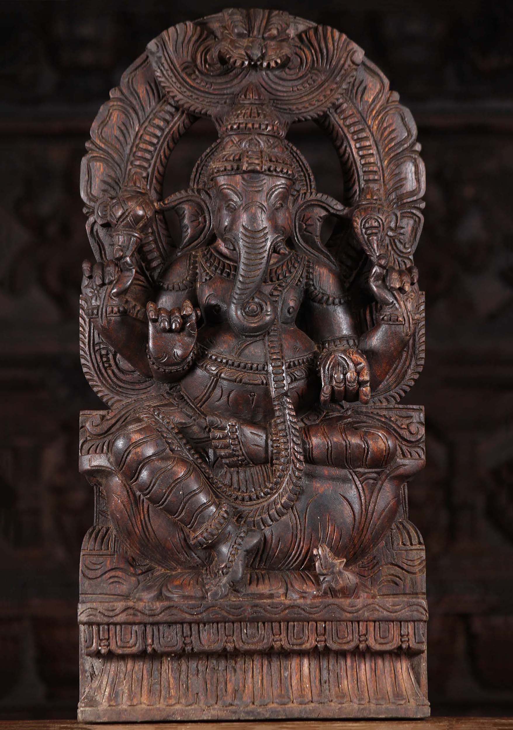 Wood Ganesha Statue with Mahakala Arch 24"