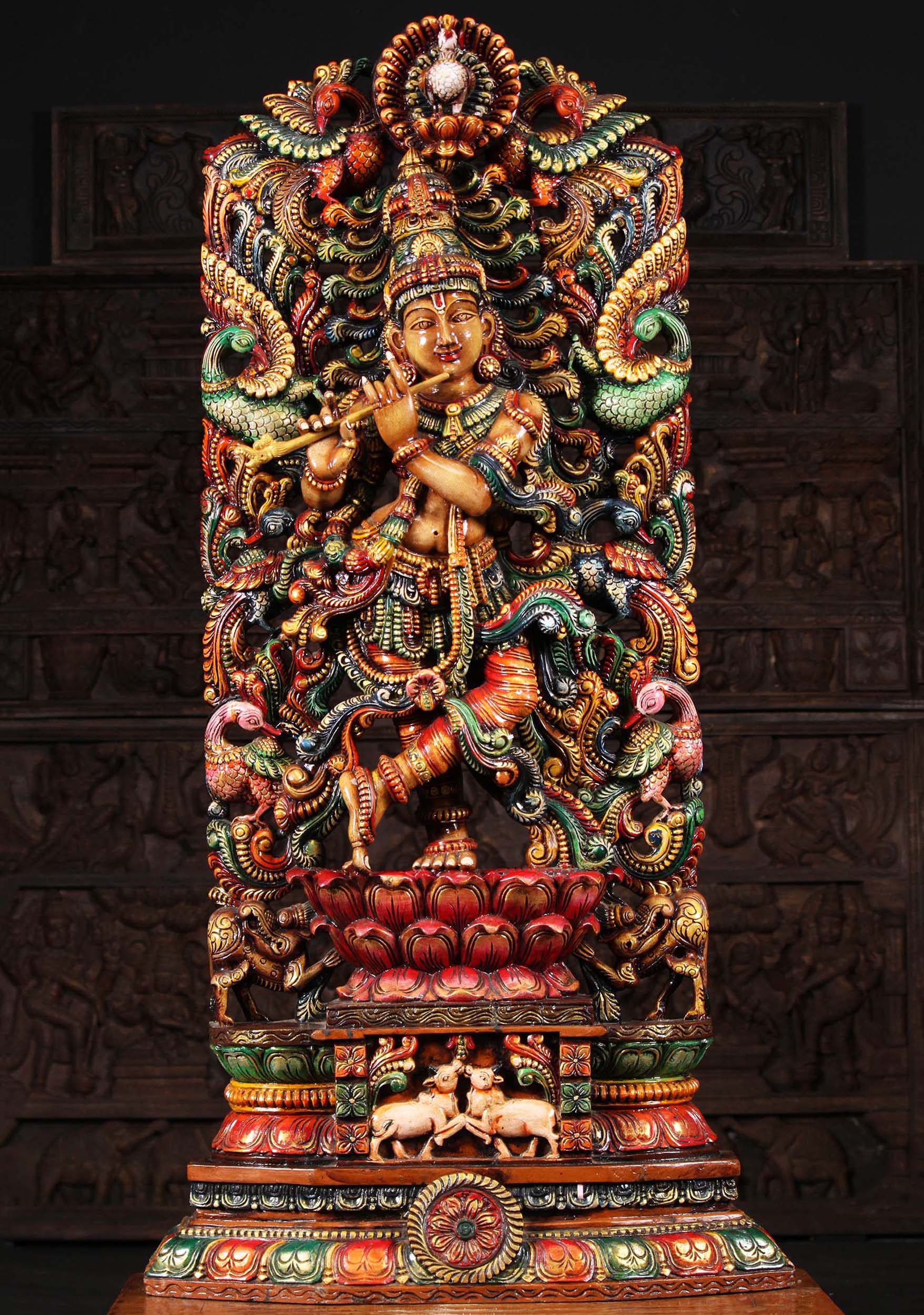 Wood Gopal Krishna with 9 Peacocks & 2 Cows 53"