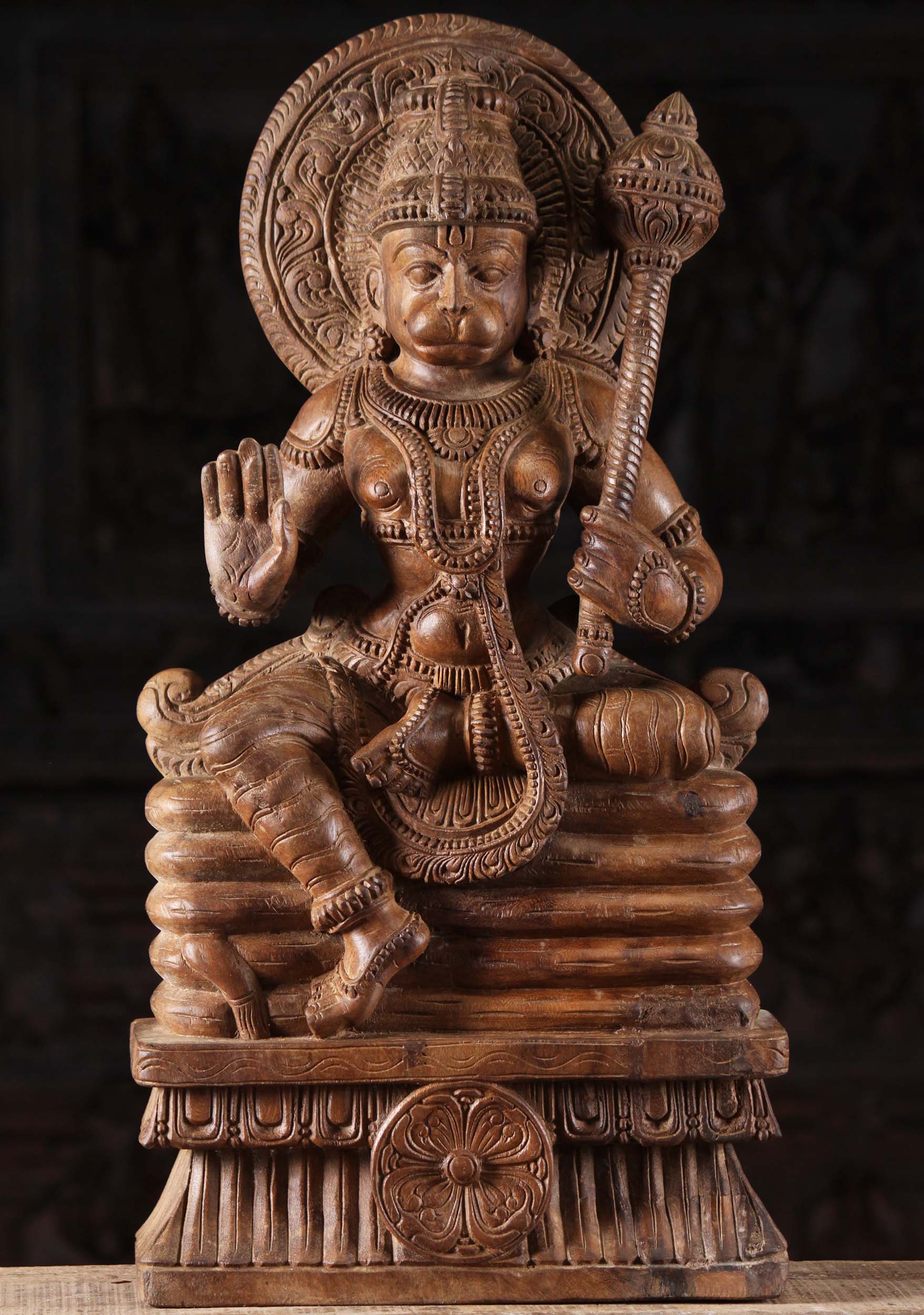 Wood Abhaya Hanuman Sculpture Holding Club 24"