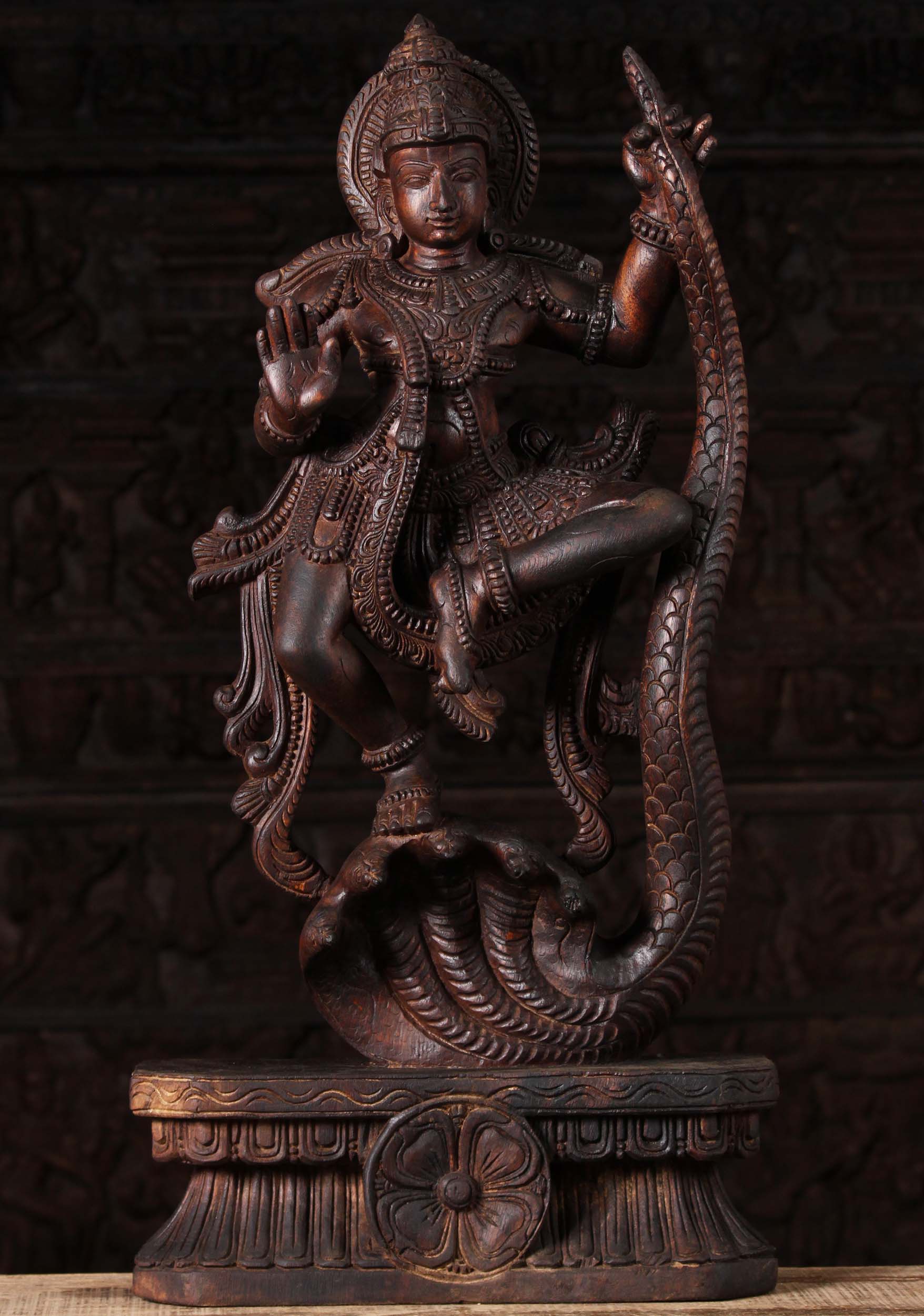 Wood Krishna Dancing on Serpent Kaliya 30"