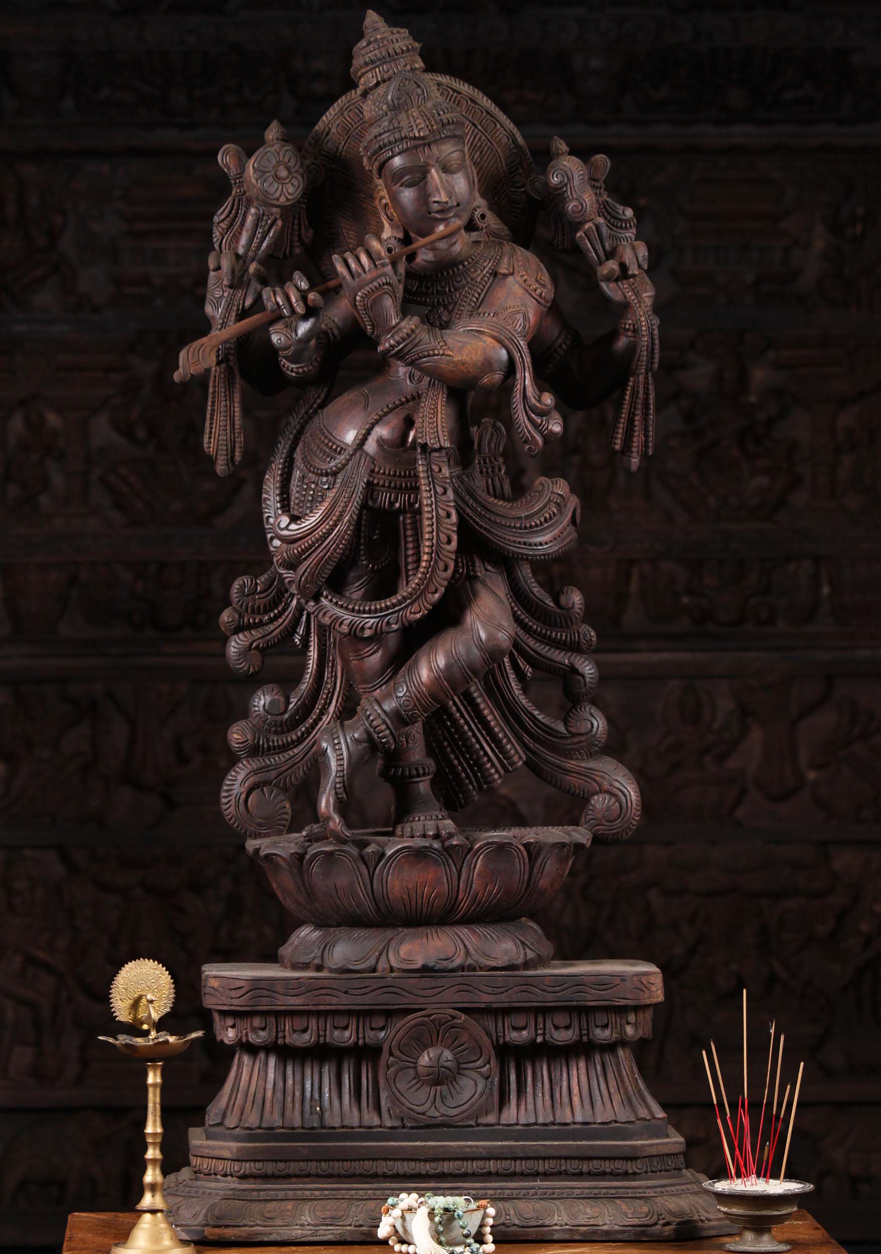 Wood Gopal Krishna Statue Playing Flute 46"