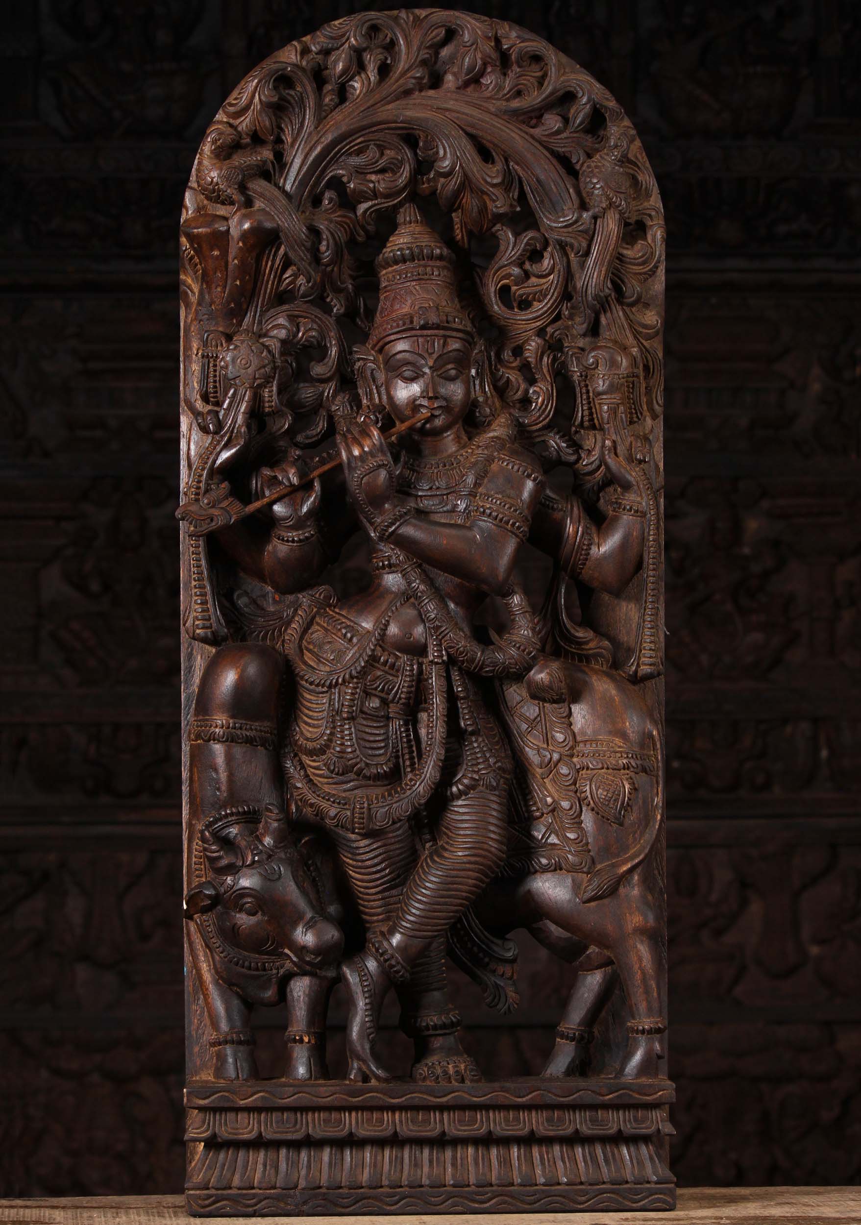 Wood Krishna Playing the Flute with Cow 36"