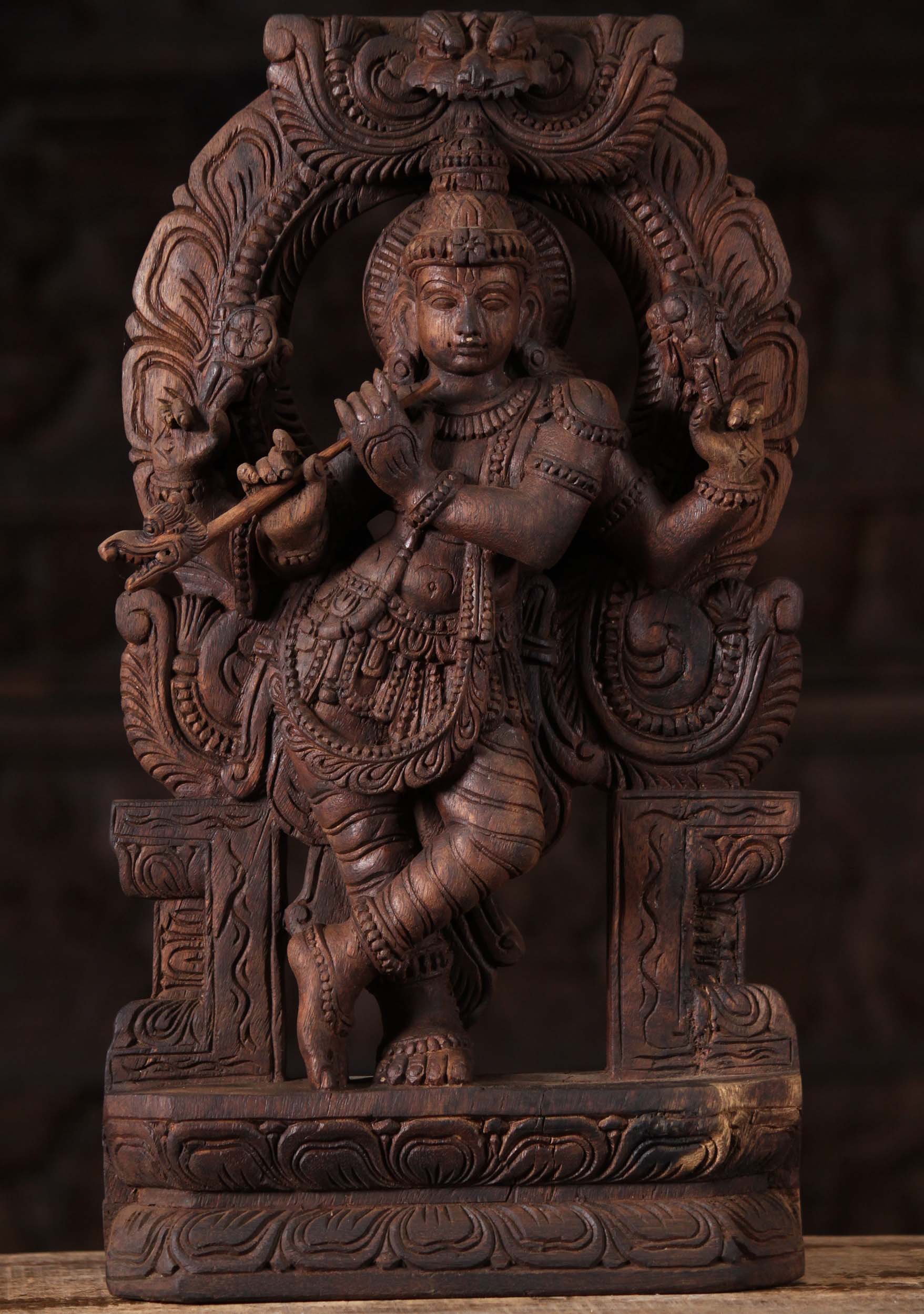 Wood Krishna Statue Playing Yali Flute  18"