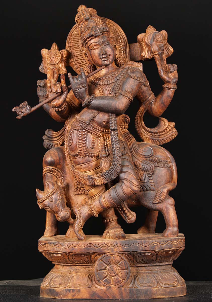 Wood Krishna Playing Flute With Cow 24"