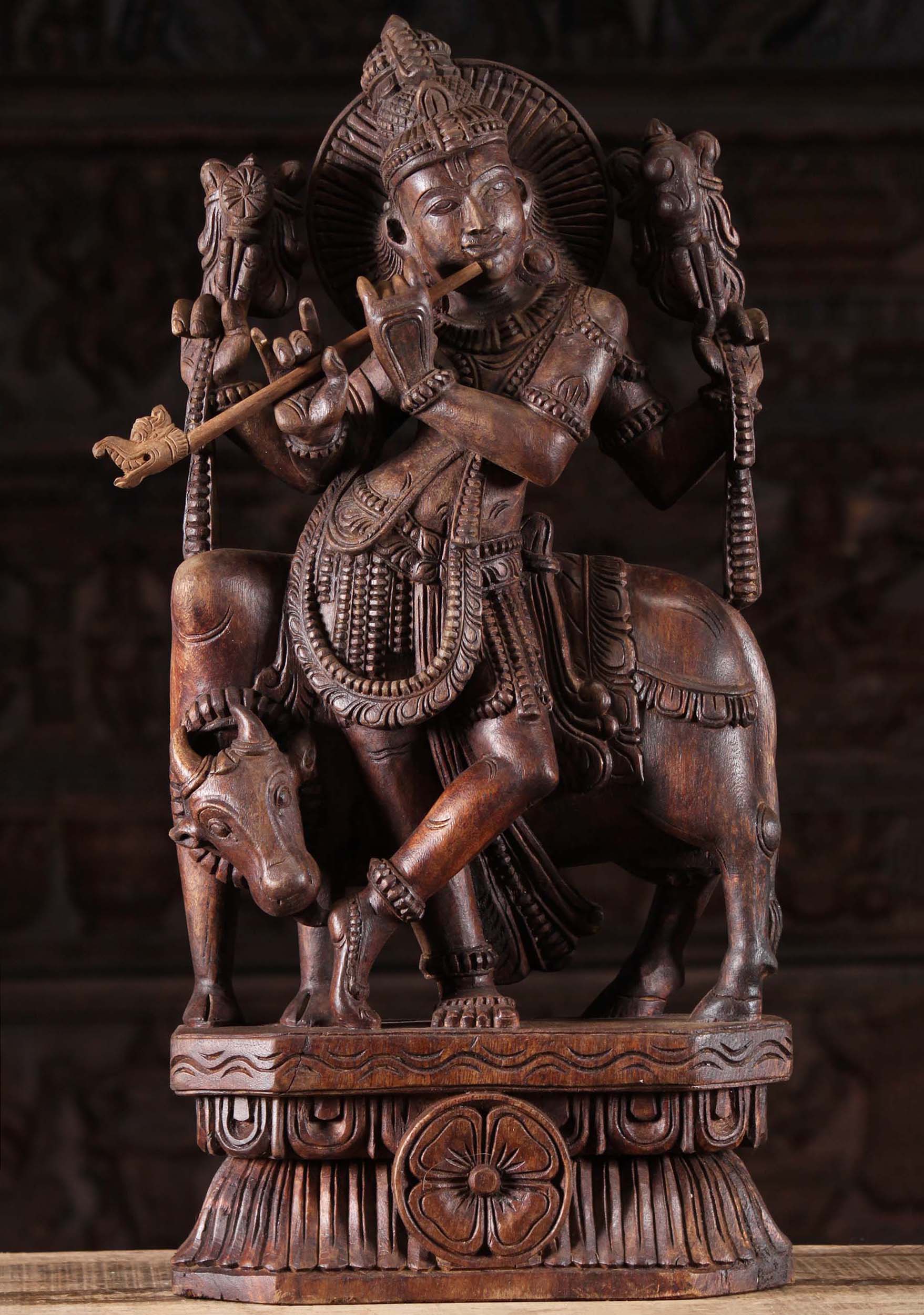 Wood Krishna Statue Playing Flute with Cow 24"