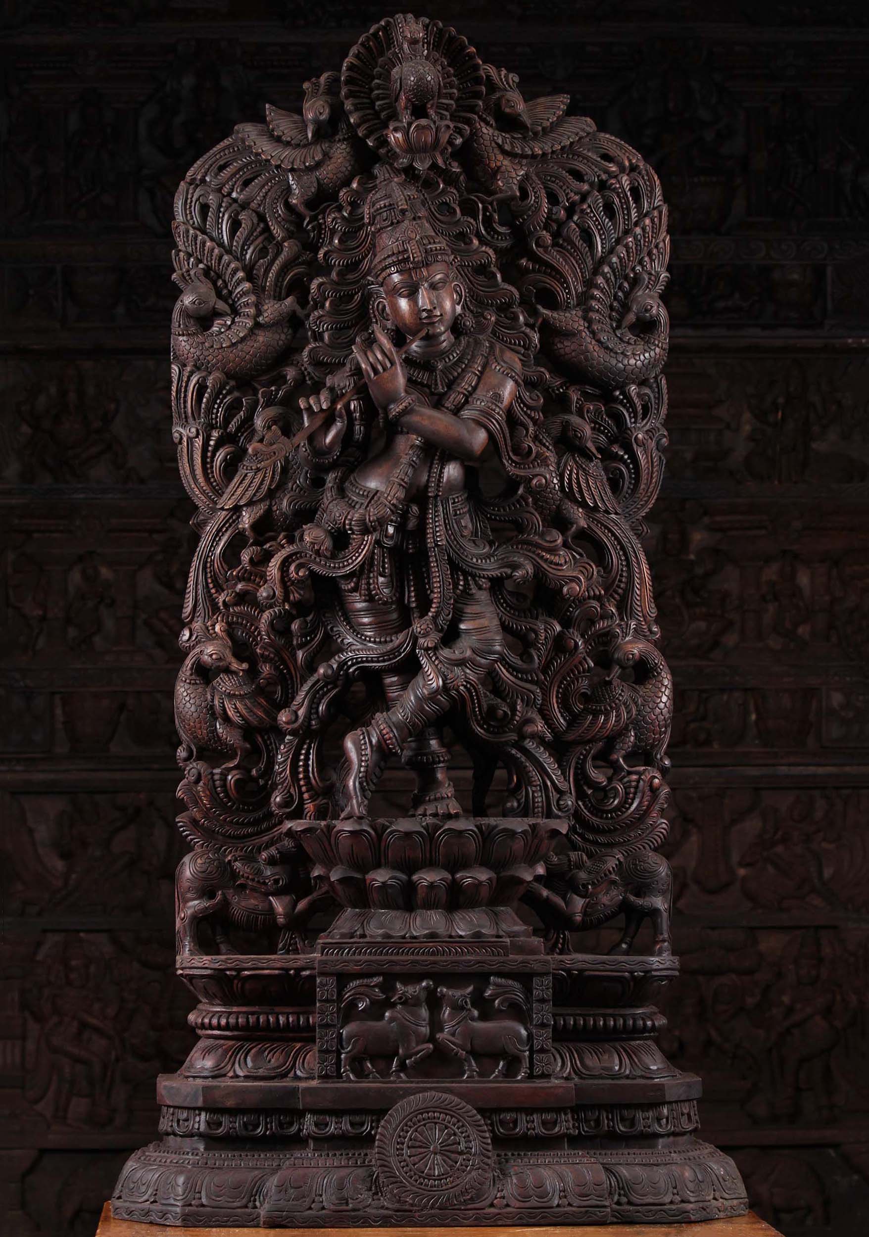 Wood Hoysala Style Krishna with Peacocks 54"