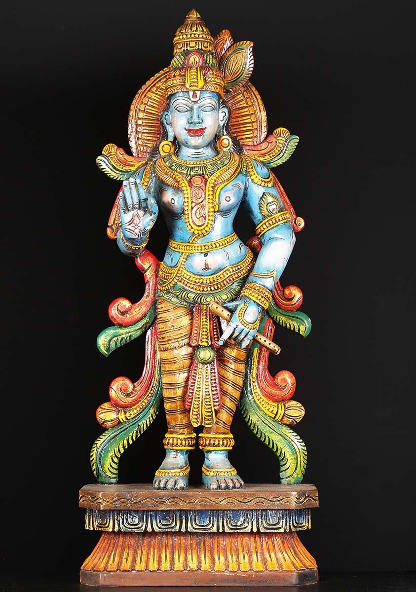 Wood Krishna Statue Holding His Flute 36"