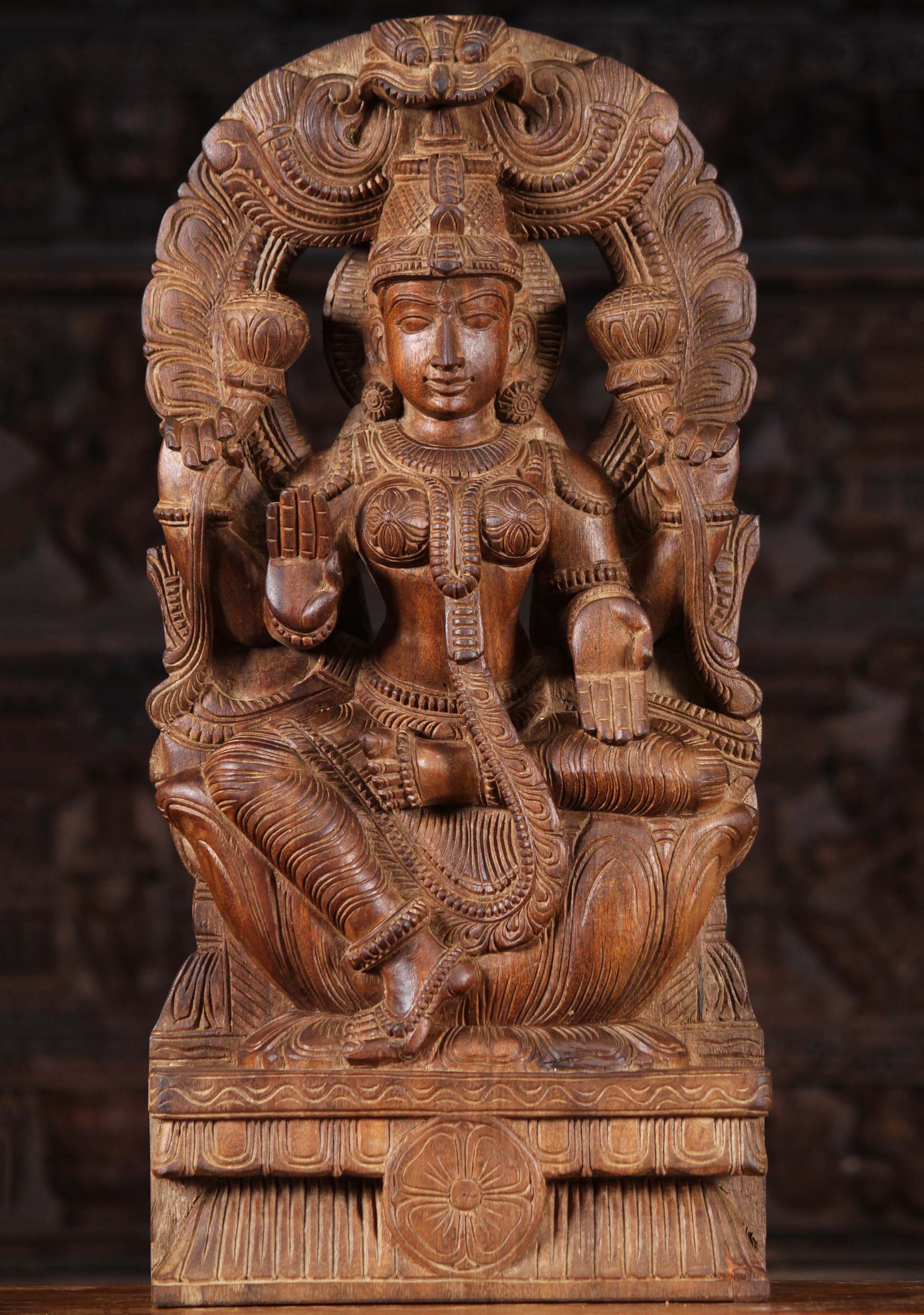 Wood Lotus Lakshmi Statue with Arch 24"