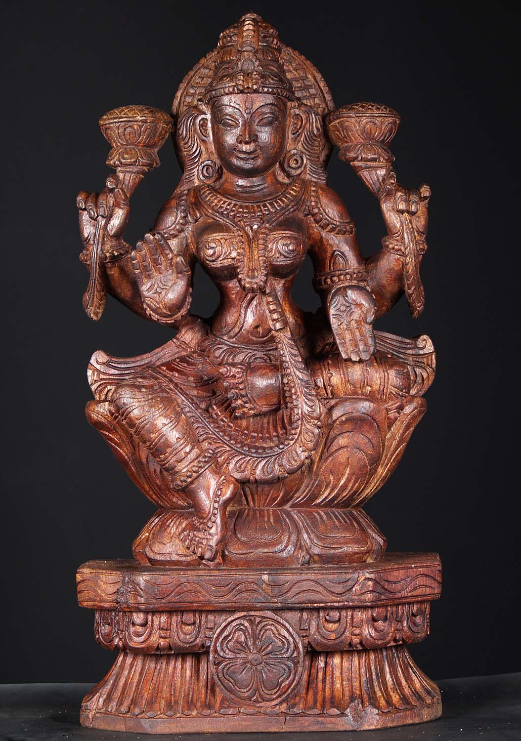 Wood Lakshmi Holding 2 Lotus Flowers 24"