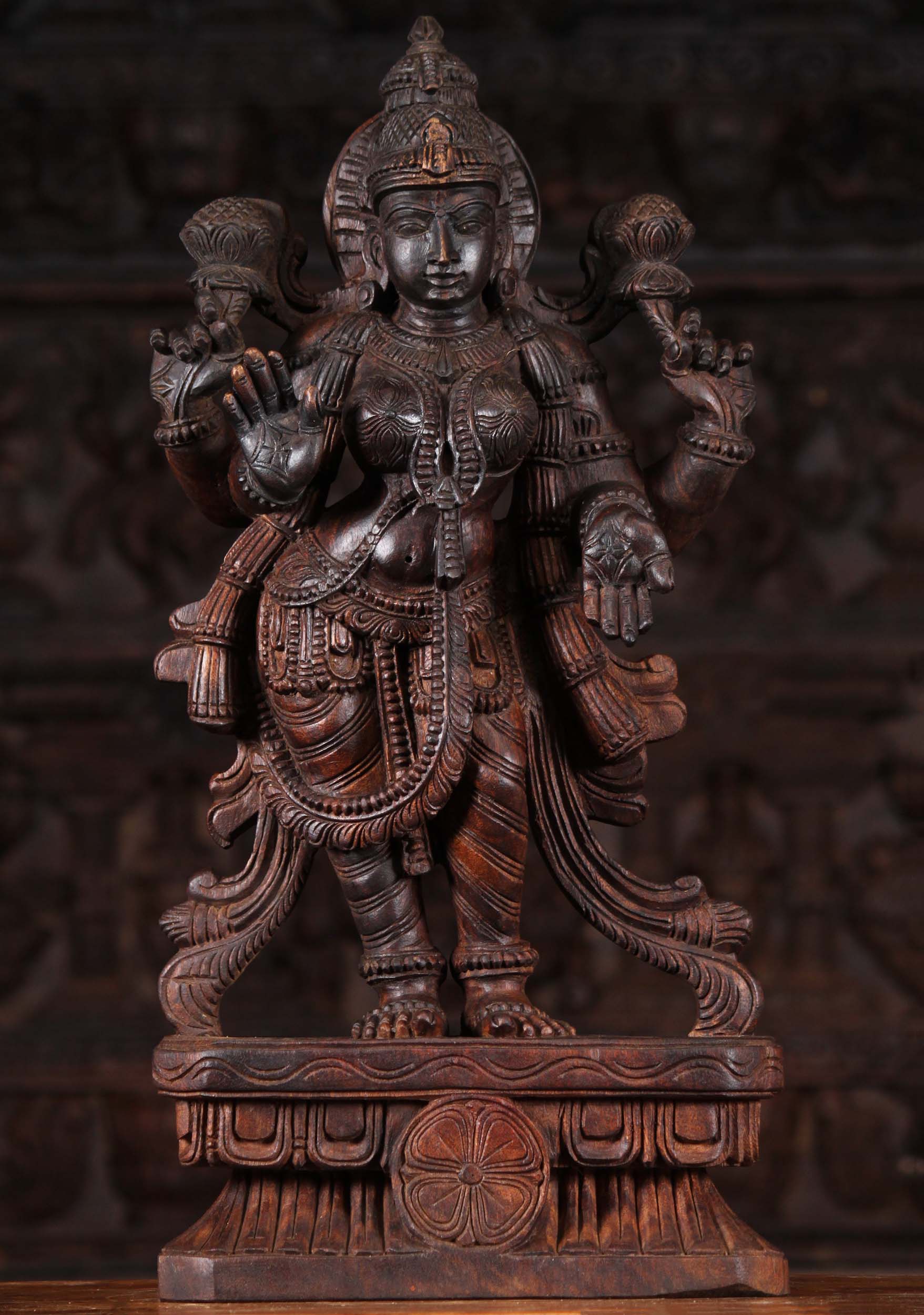 Wood Standing Lakshmi Holding Flowers 24"