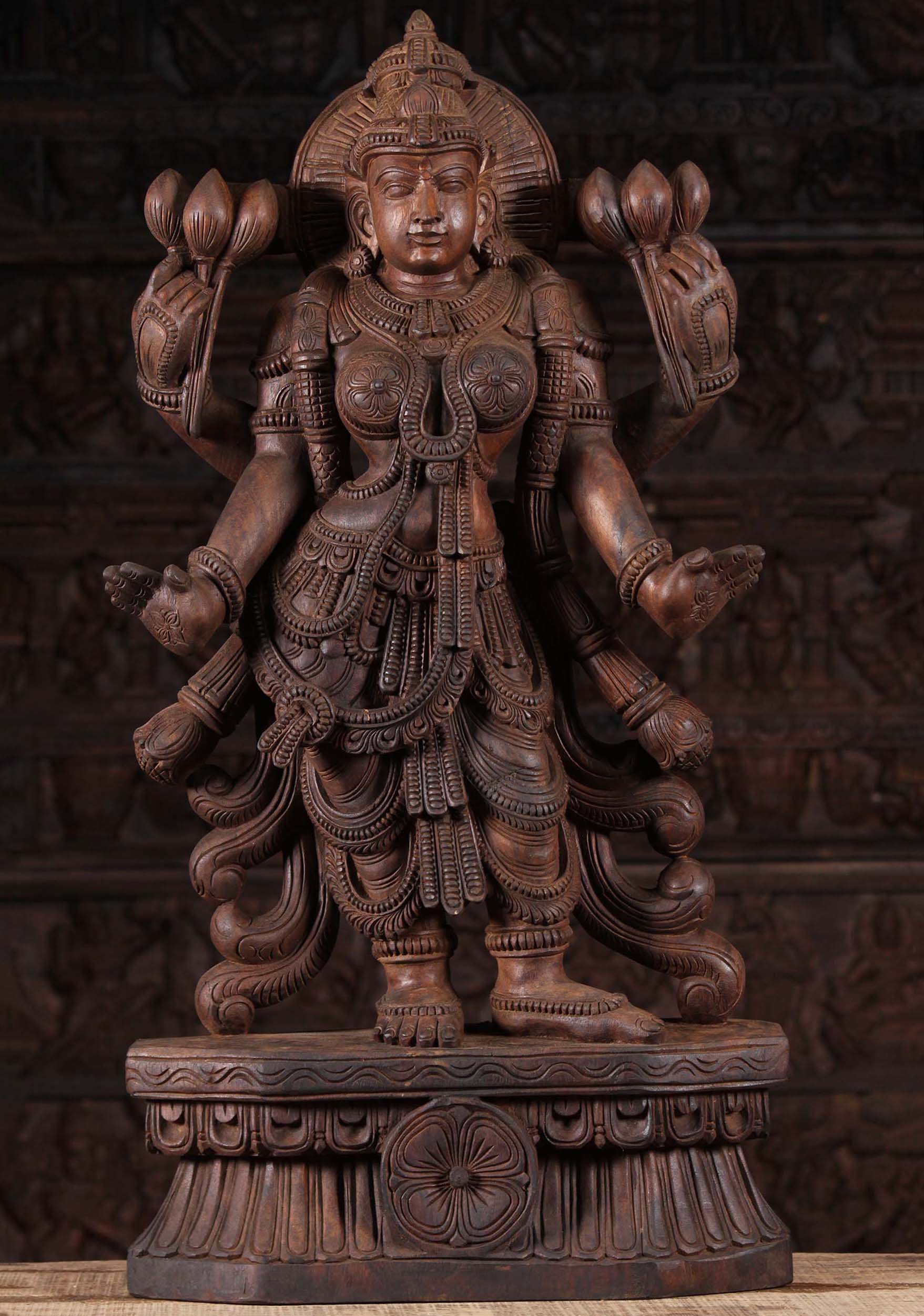 Wood Lakshmi Holding 6 Lotus Flowers 36"