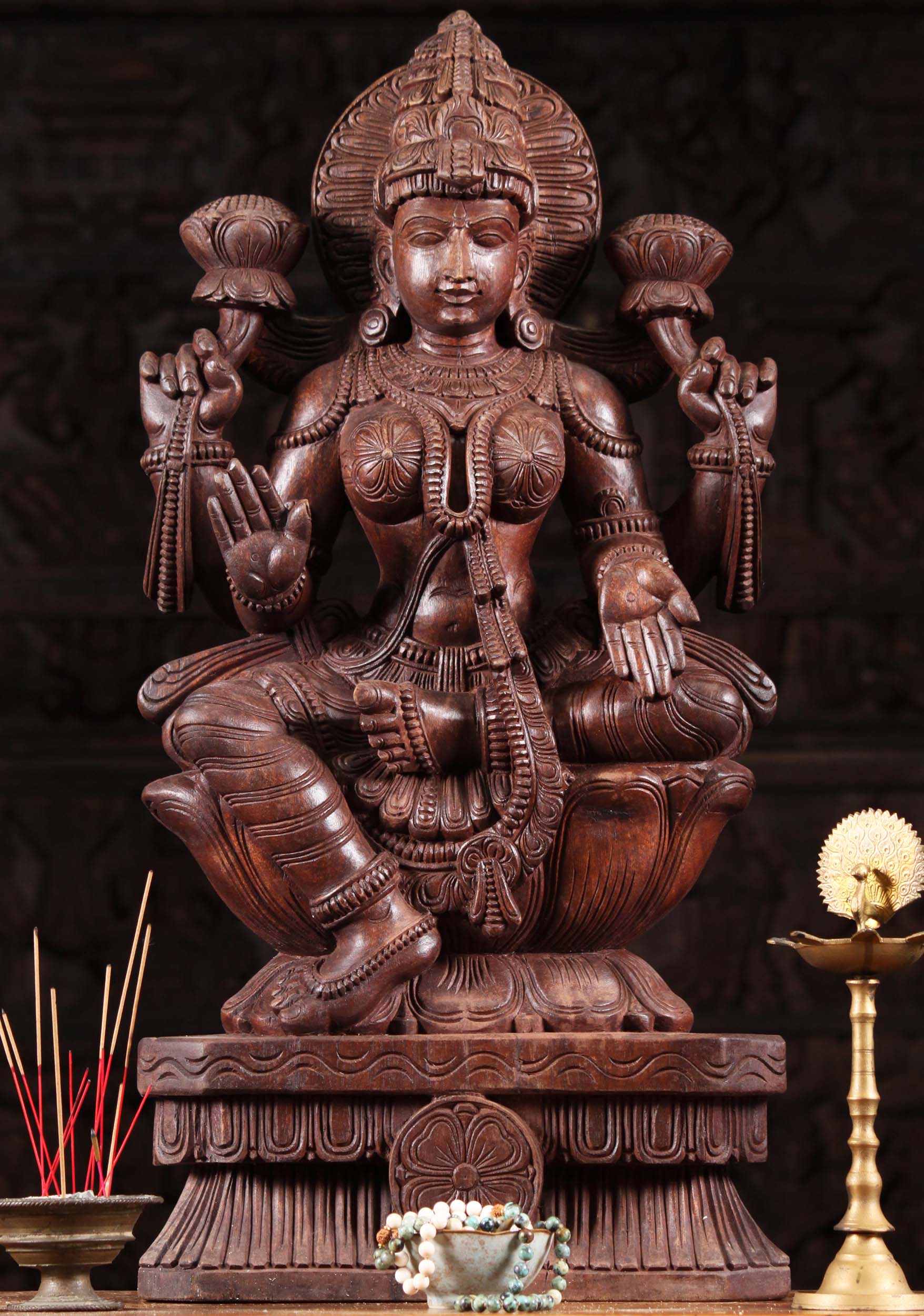 Wood Lakshmi Statue Holding Lotus Flowers 30"