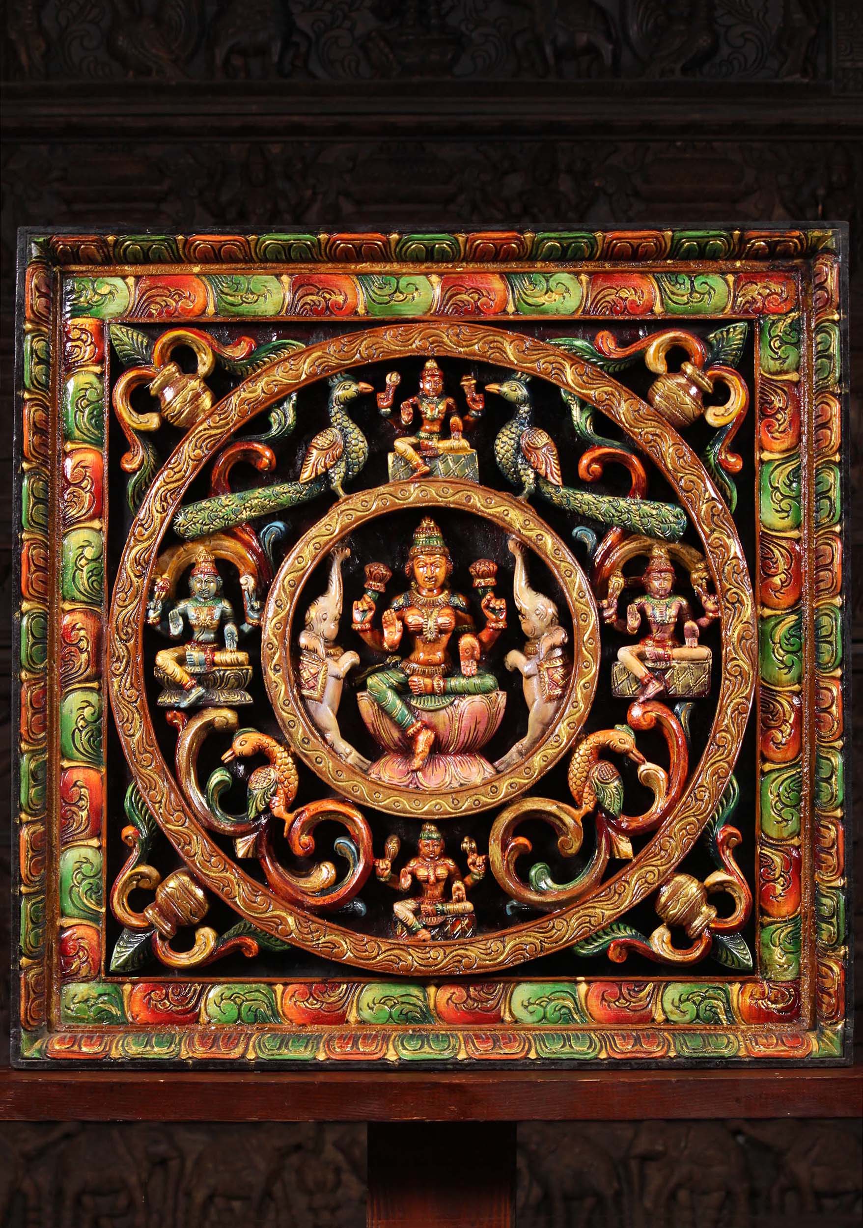 Wood Gaja Lakshmi Panel with 2 Elephants 30.5" (#122w4): Hindu Gods