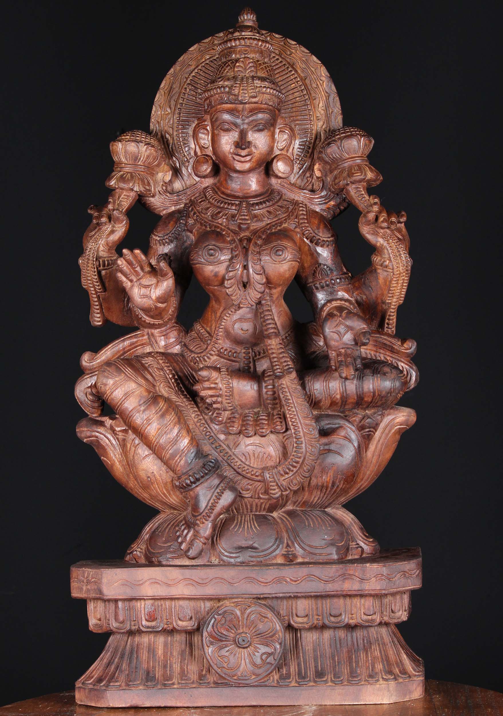 Wood Lotus Flower Lakshmi Sculpture 30"