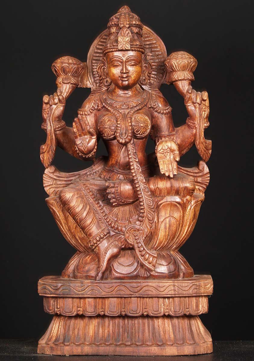 Wooden Seated Lakshmi Statue 24"