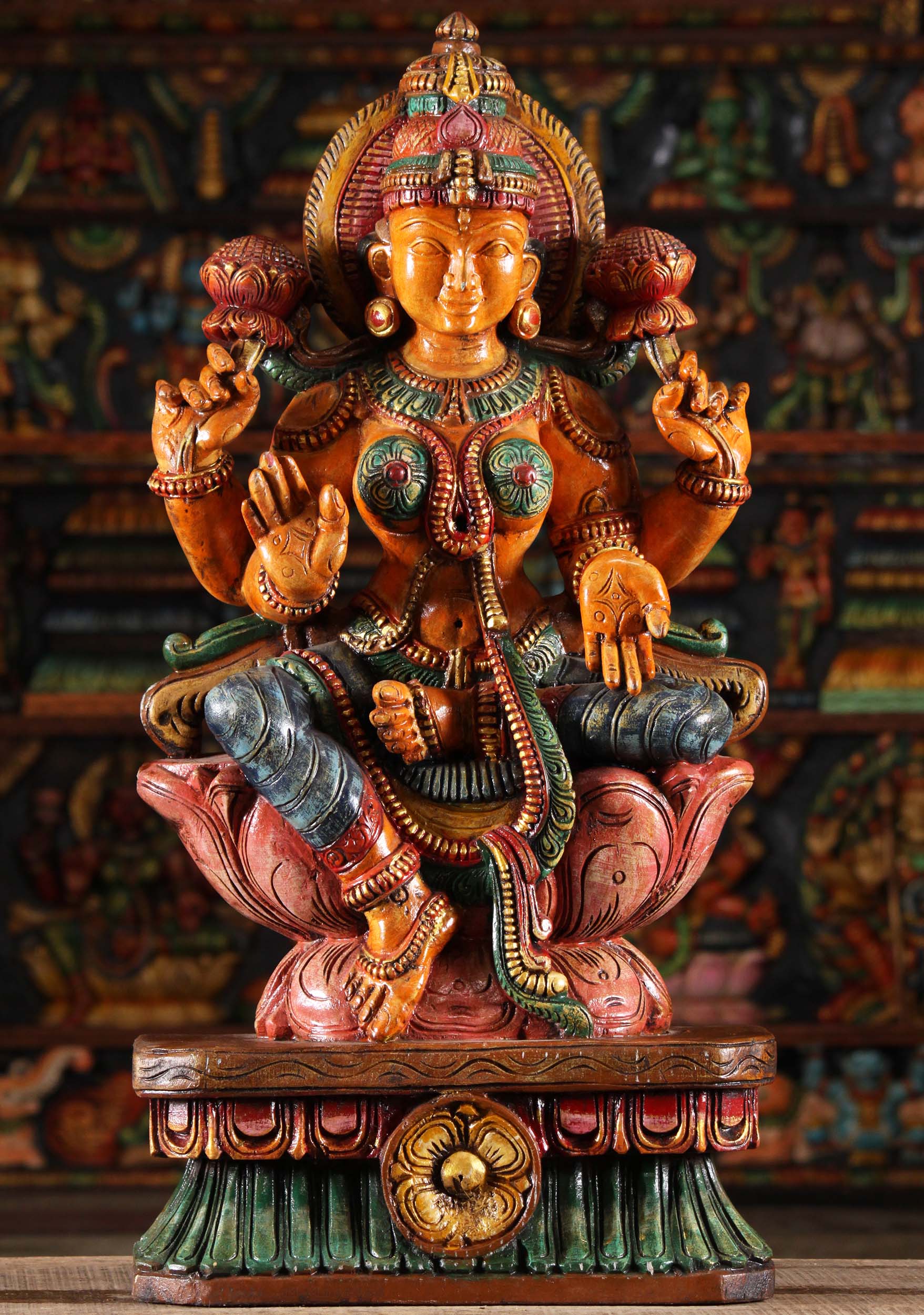 Wood Lakshmi Statue Holding Lotus Flowers 30"