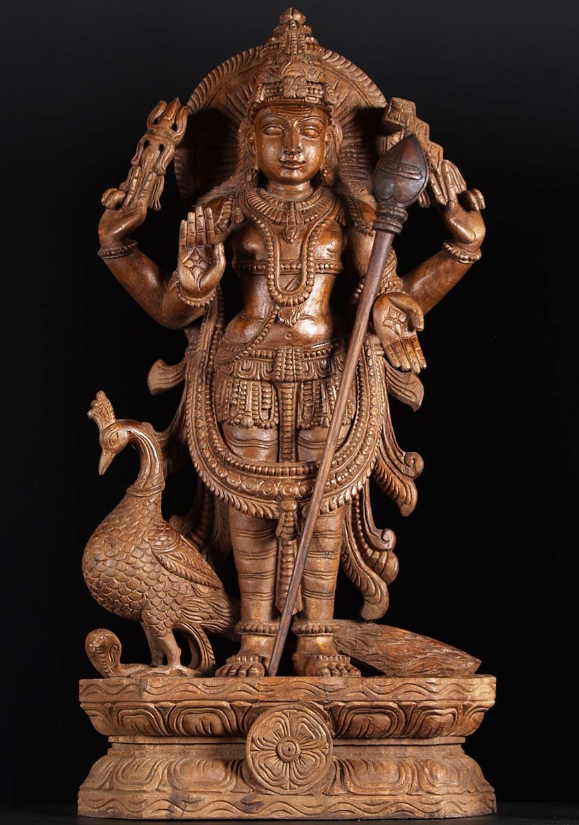 Wood Murugan Peacock Statue 36"