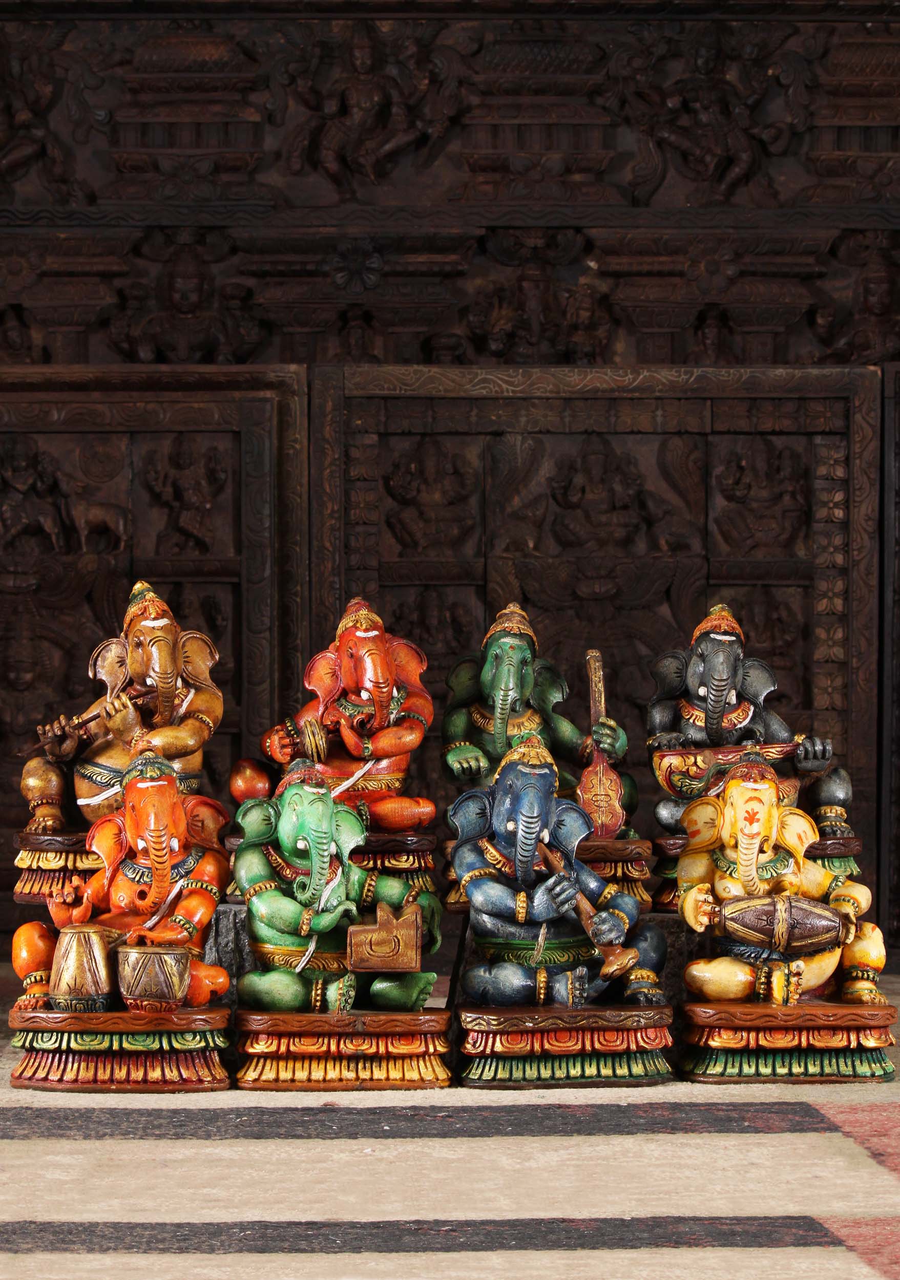 Wooden Set of 7 Musical Ganesha Statues 12"