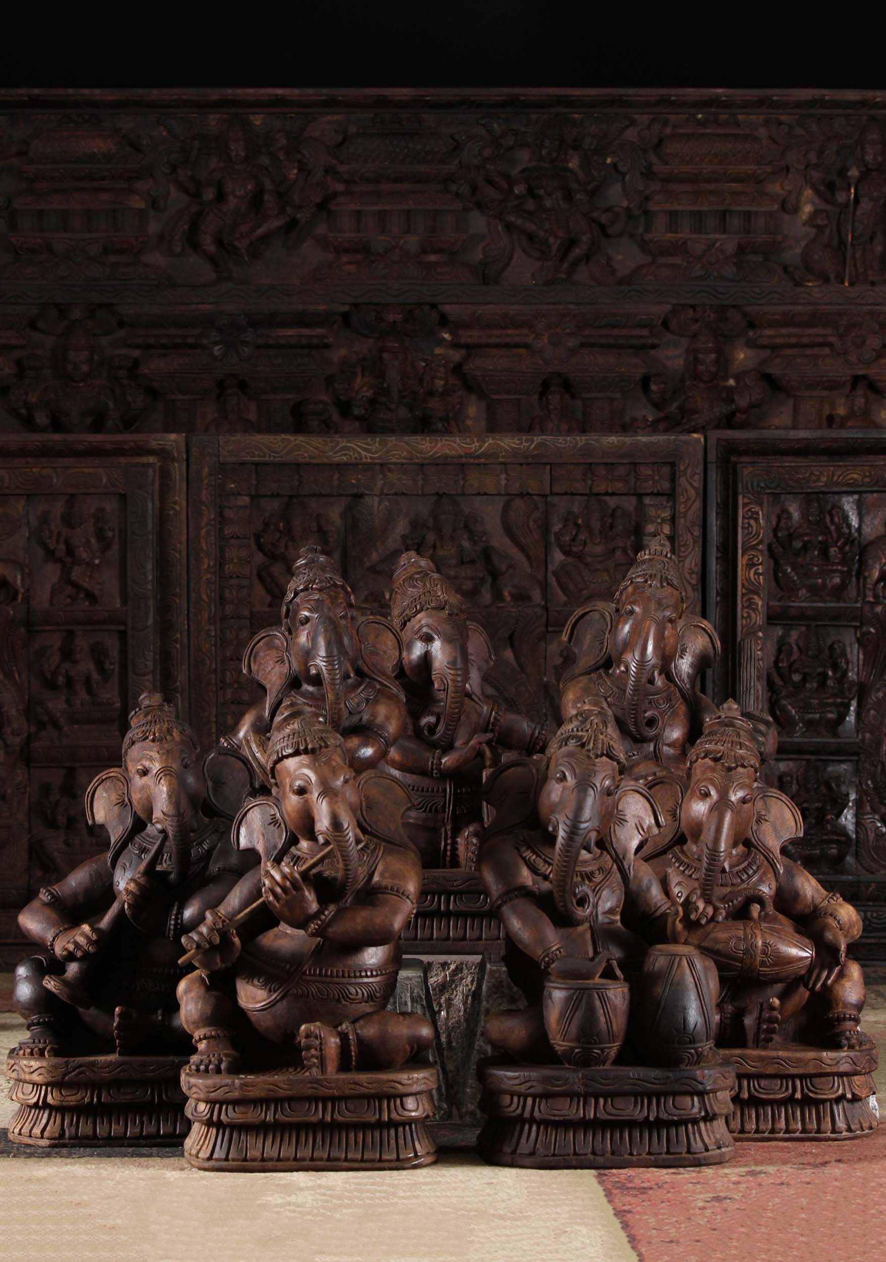 Set of 7 Wooden Musical Ganesha Statues 17"