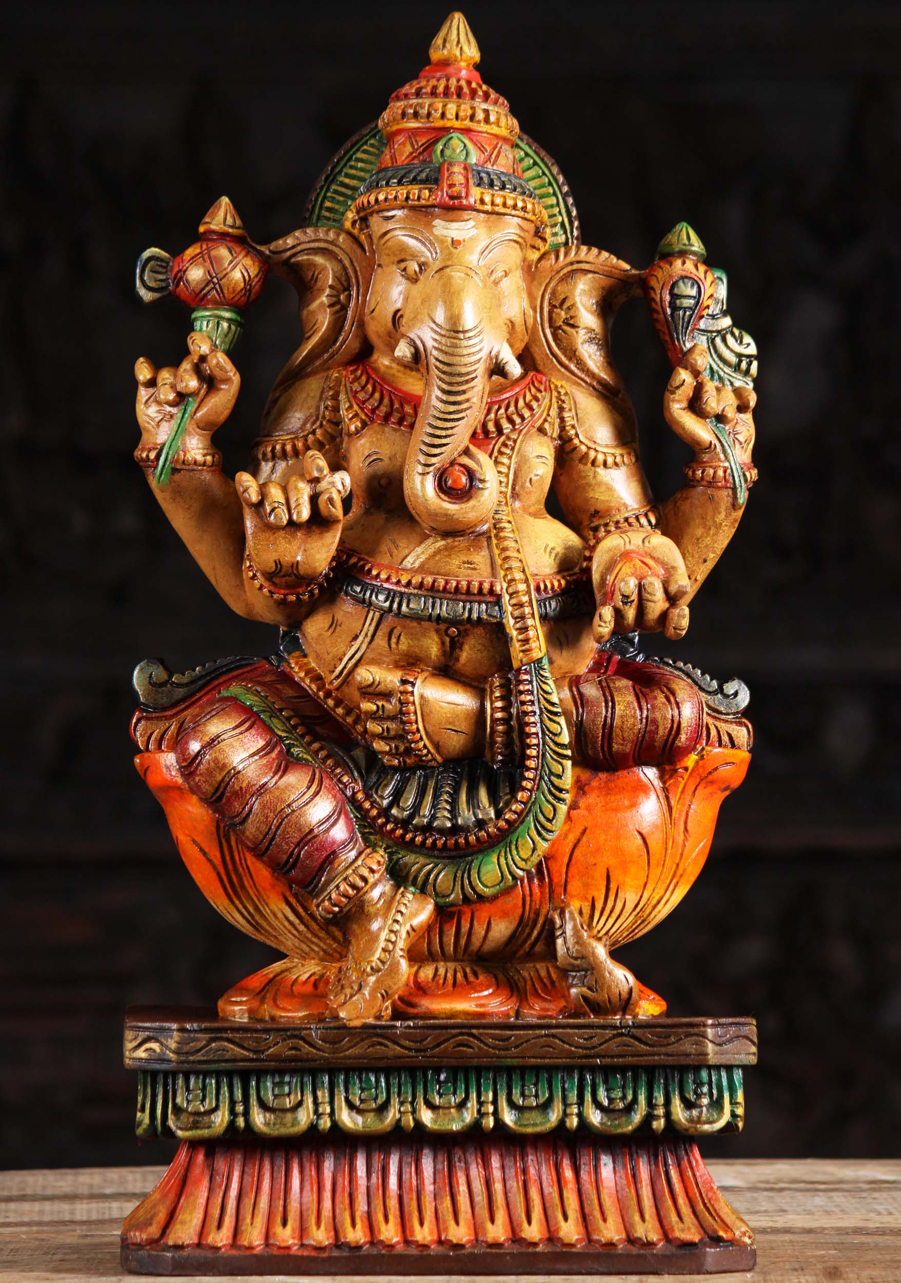 SOLD Wood Seated Ganapathi Carving with Rat 24