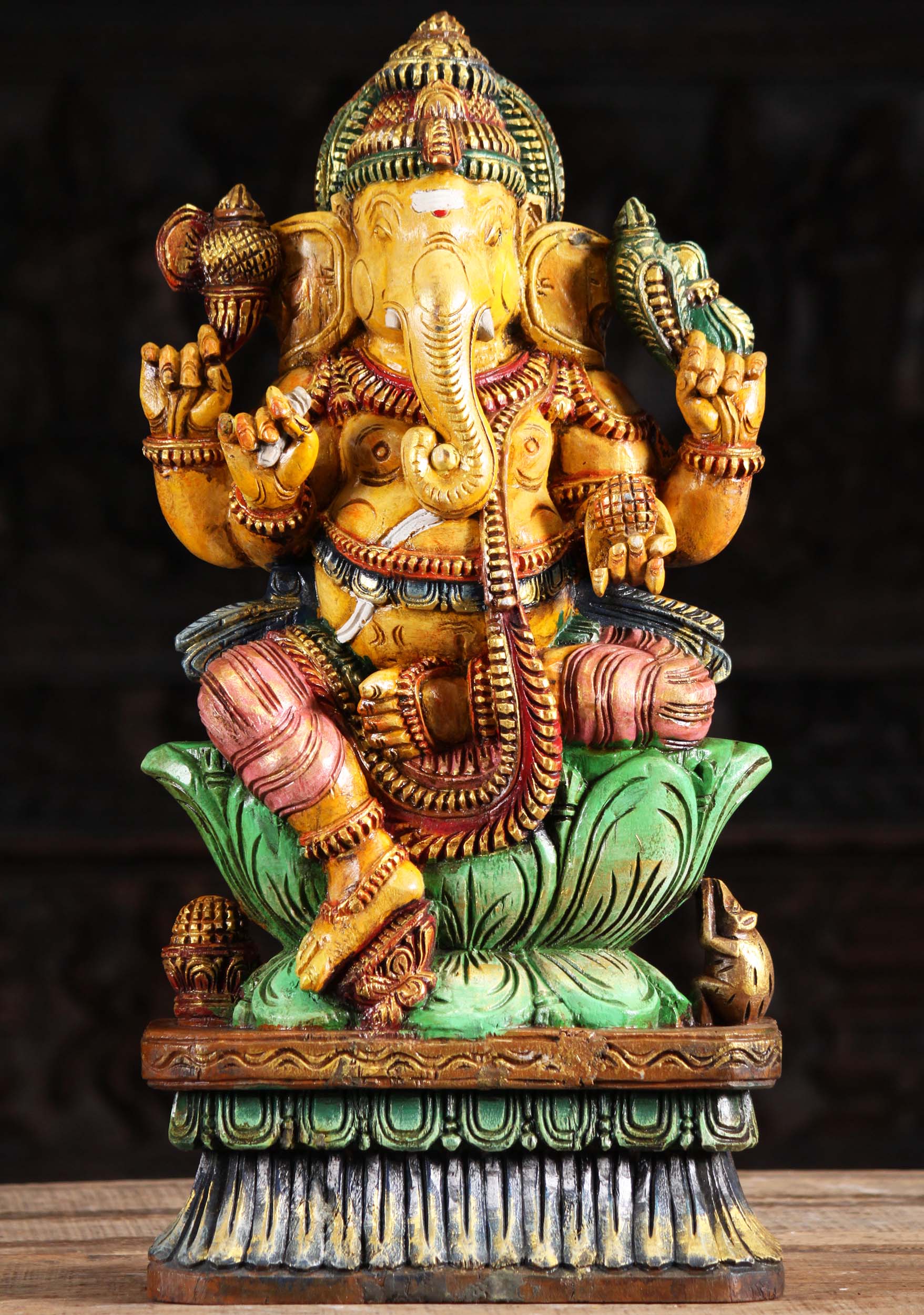 Wood Painted Ganapathi Statue on Lotus Base 24"