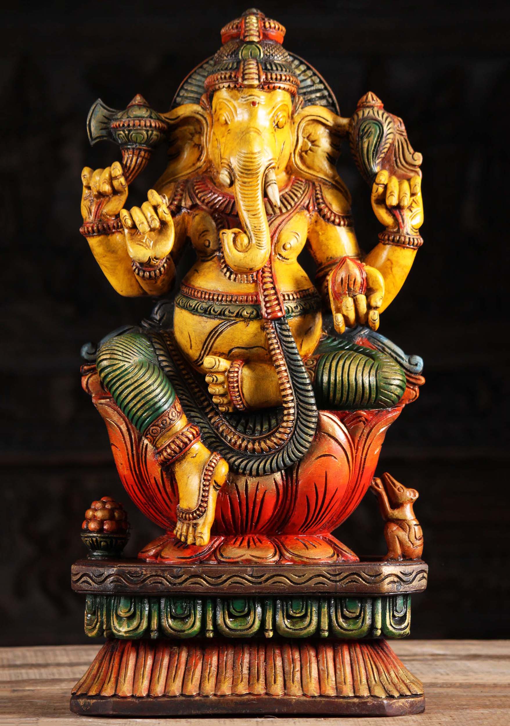 Wood Painted Ganesha Holding Mango Statue 24"